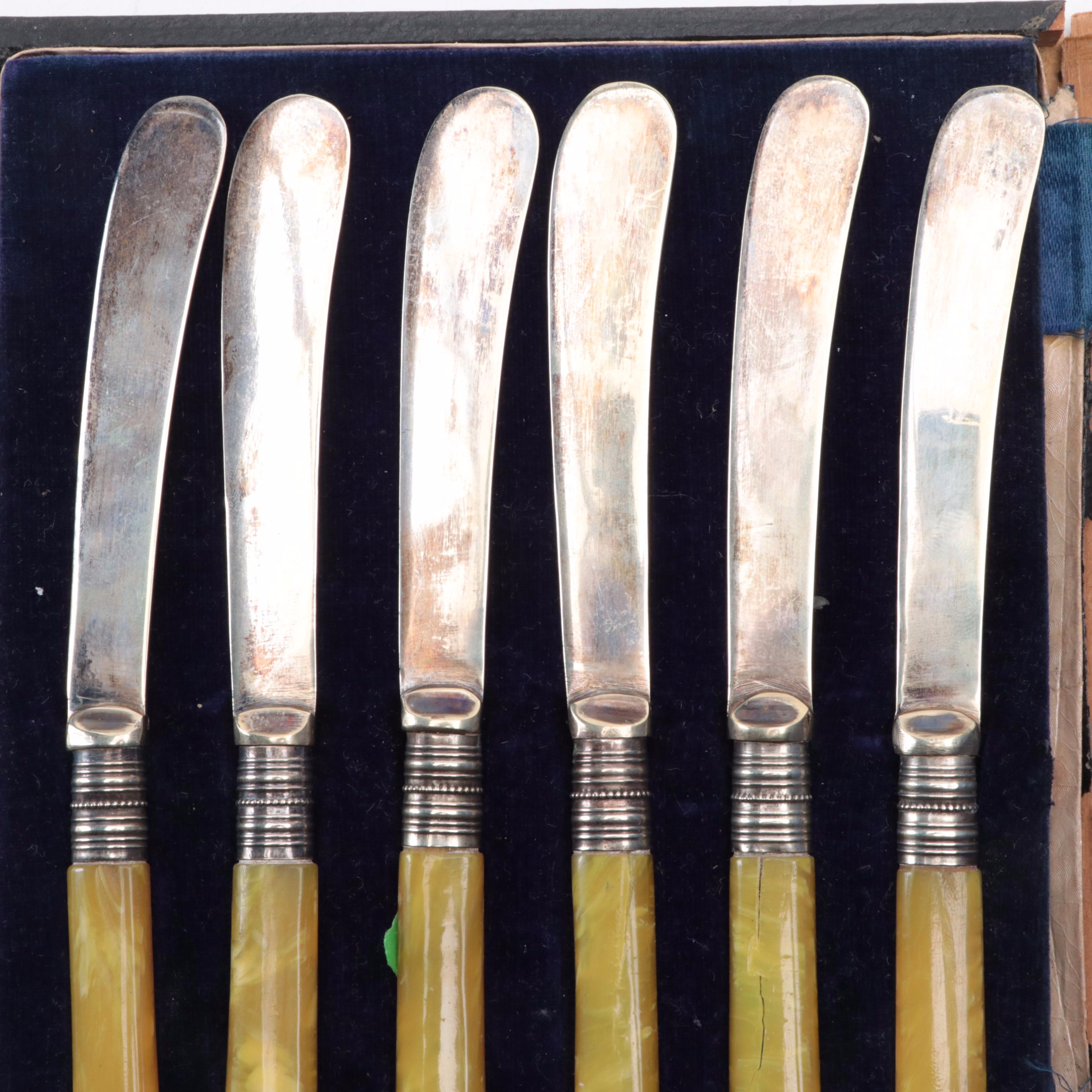 English Silver Plate and Pearlized Bakelite Handled Knives in Presentation Case