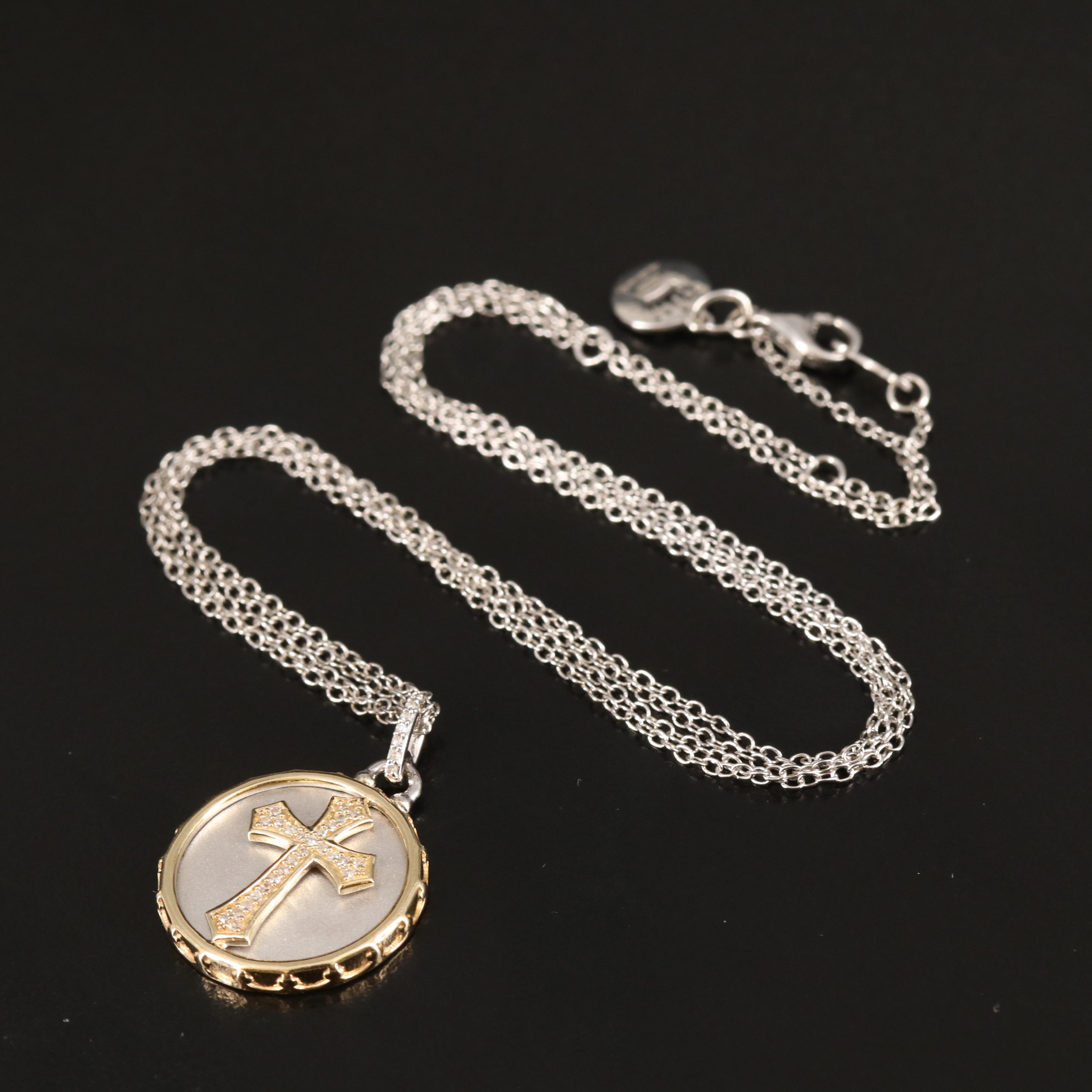 Sterling and 14K Diamond Cross Pendant Necklace