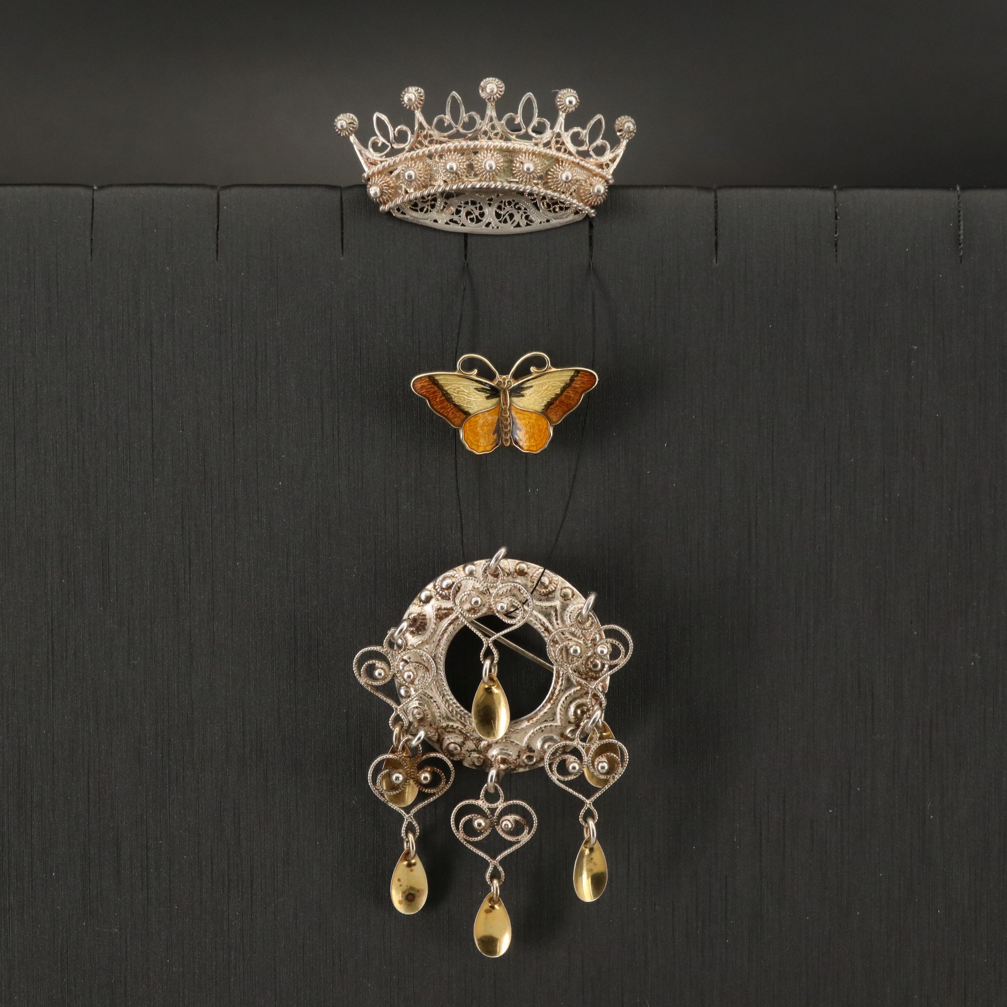 Hroar Prydz Sterling Butterfly and Crown Brooches with Vintage 830 Silver Solje
