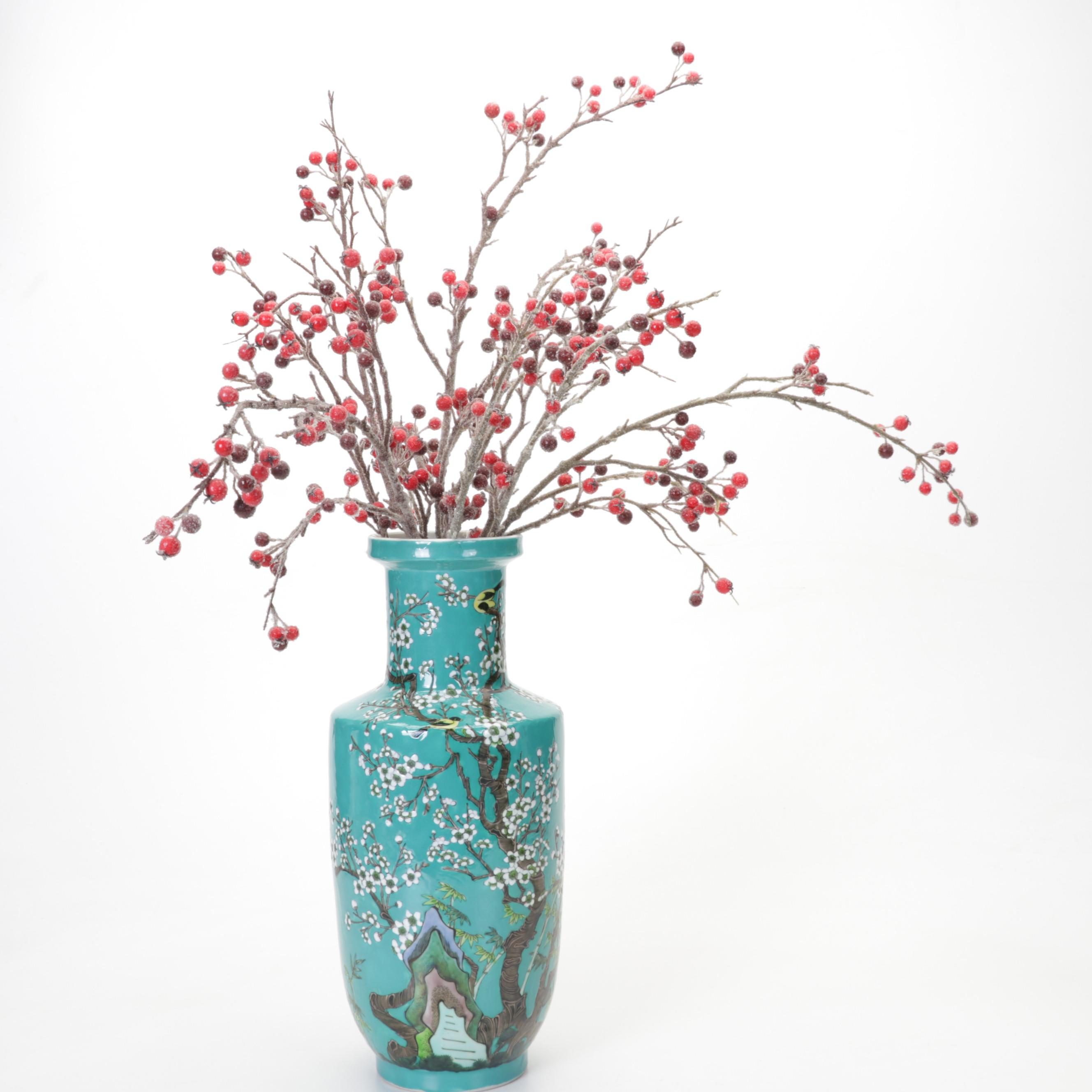 Chinese Turquoise Enamel Plum Blossom Vase with Terracotta Warrior Figurine