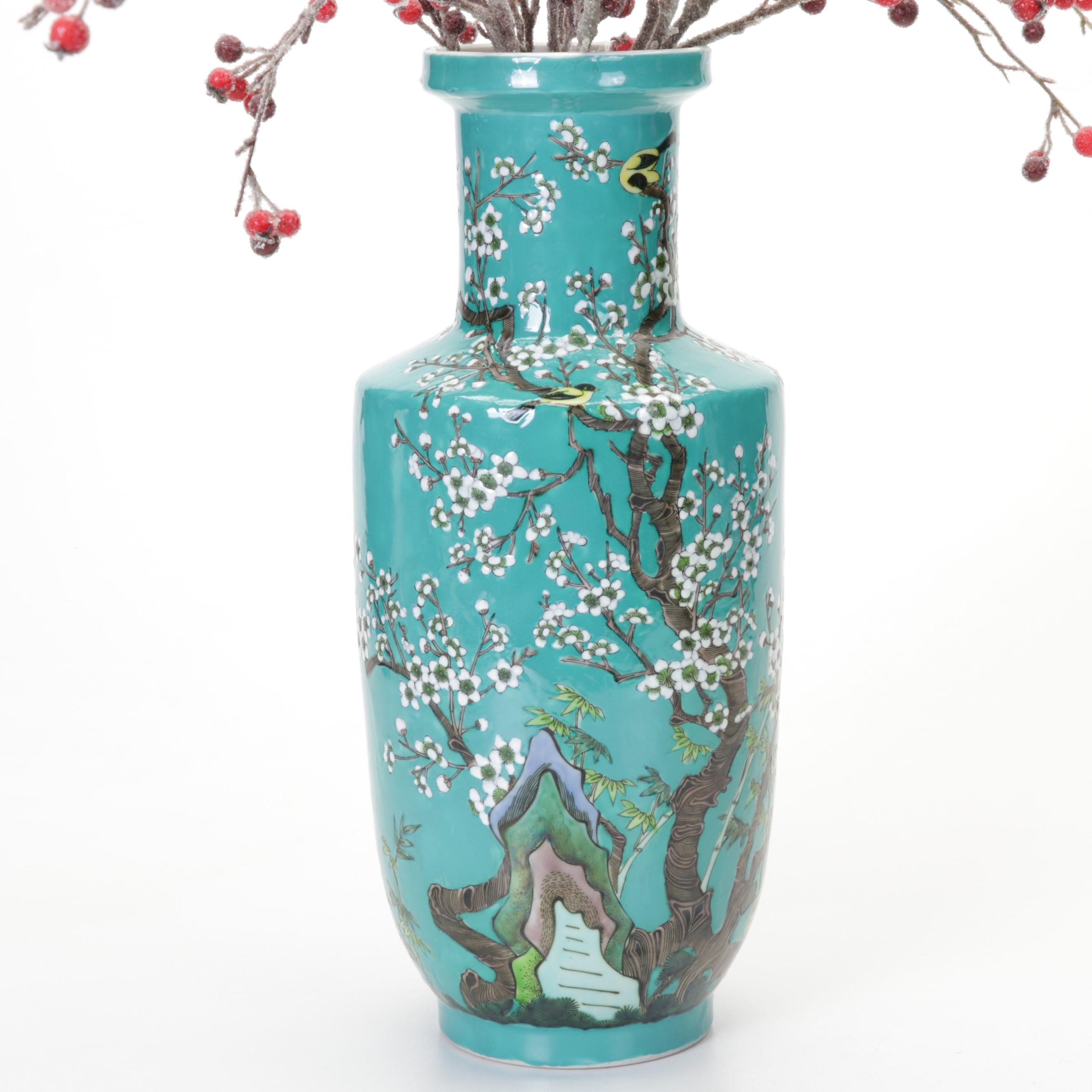 Chinese Turquoise Enamel Plum Blossom Vase with Terracotta Warrior Figurine