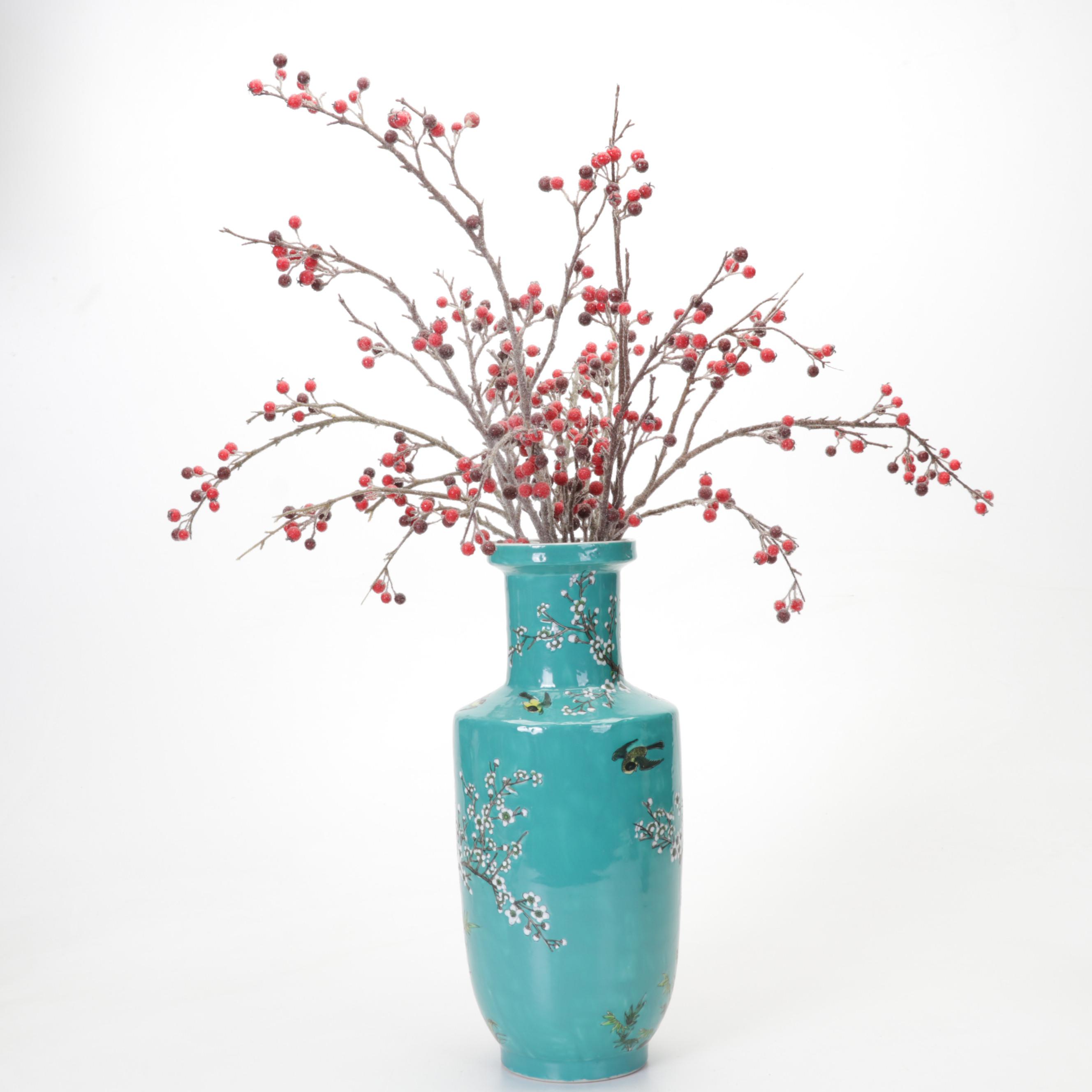 Chinese Turquoise Enamel Plum Blossom Vase with Terracotta Warrior Figurine