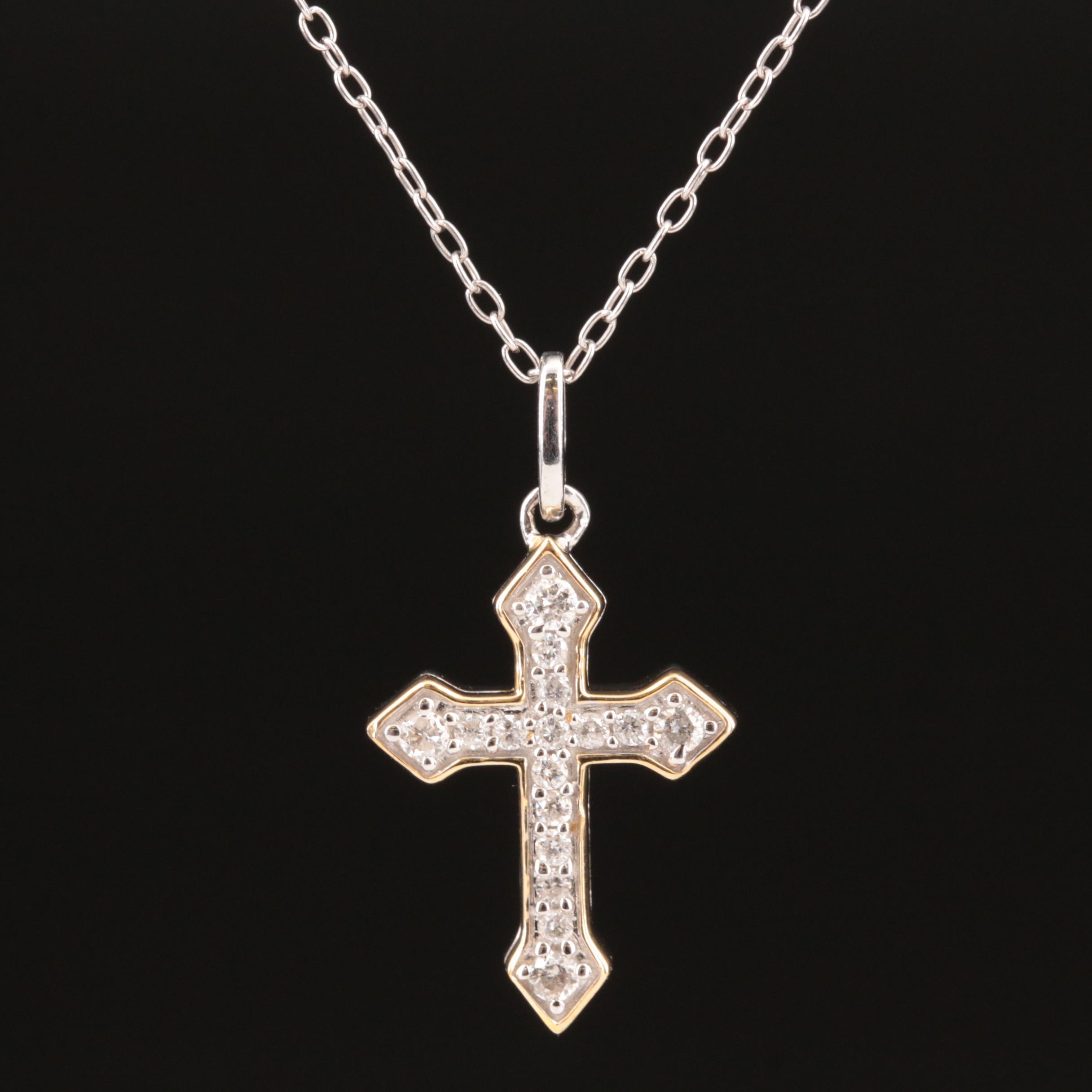 Sterling Diamond Cross Pendant Necklace with 14K Accent