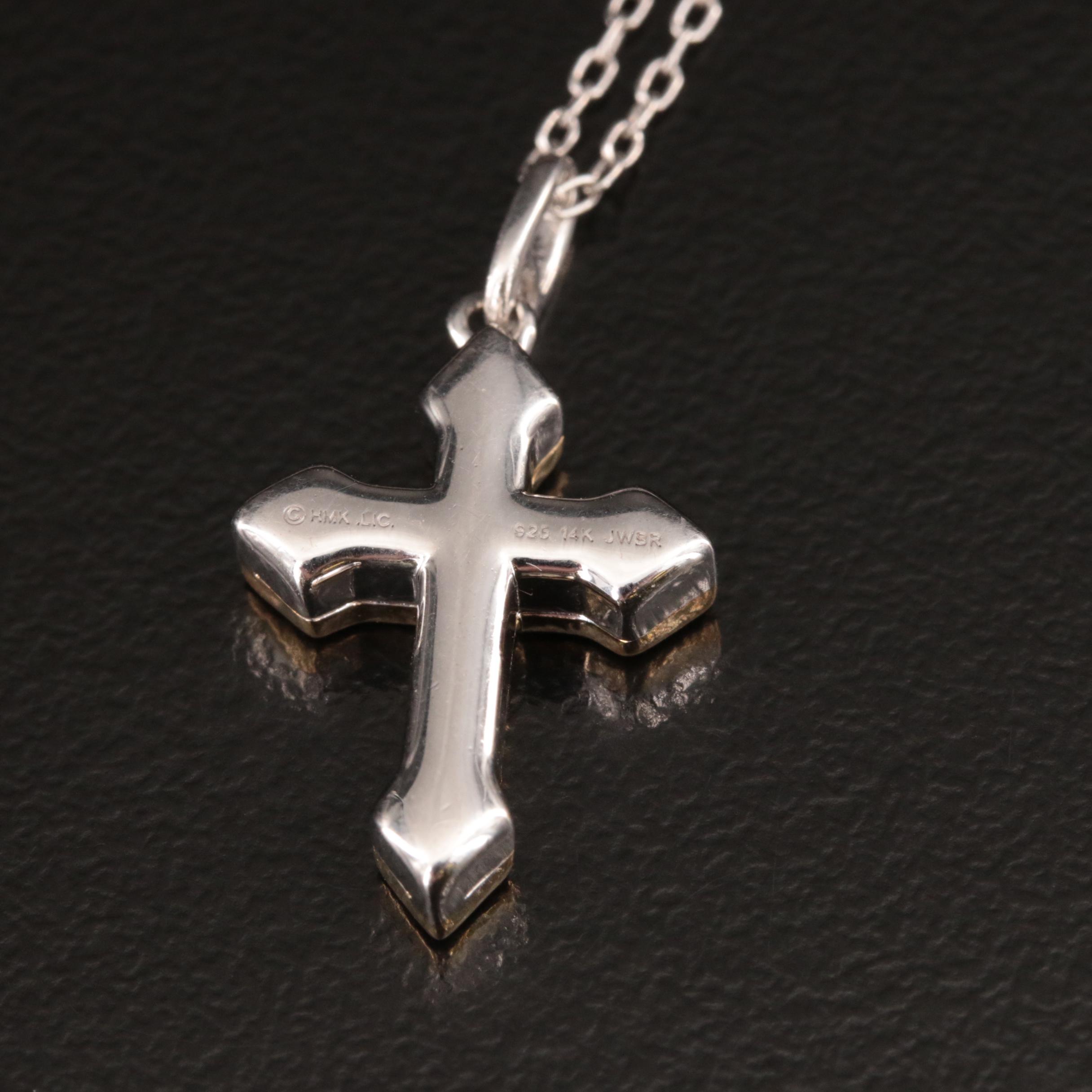 Sterling Diamond Cross Pendant Necklace with 14K Accent