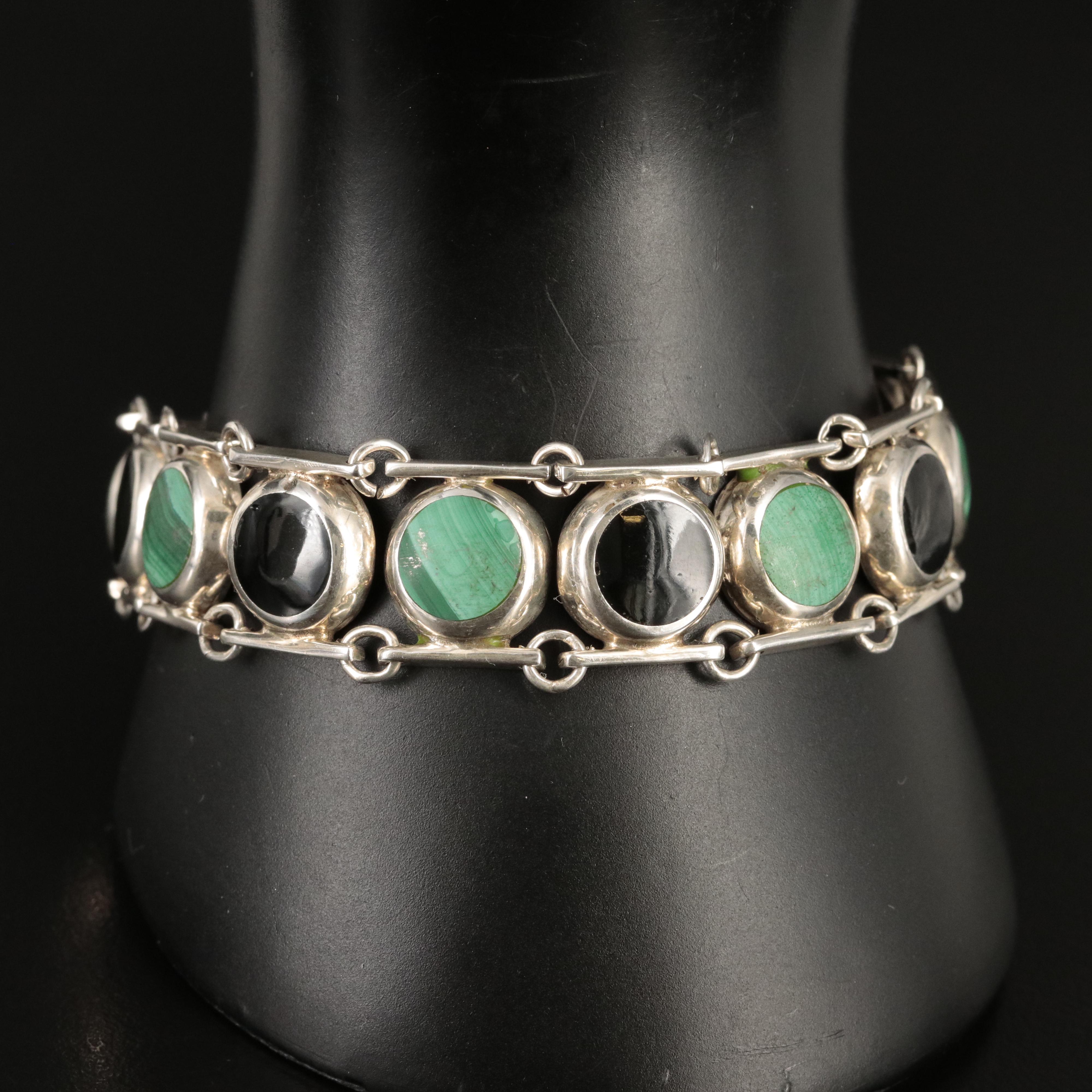Mexican 950 Silver Malachite and Enamel Bracelet