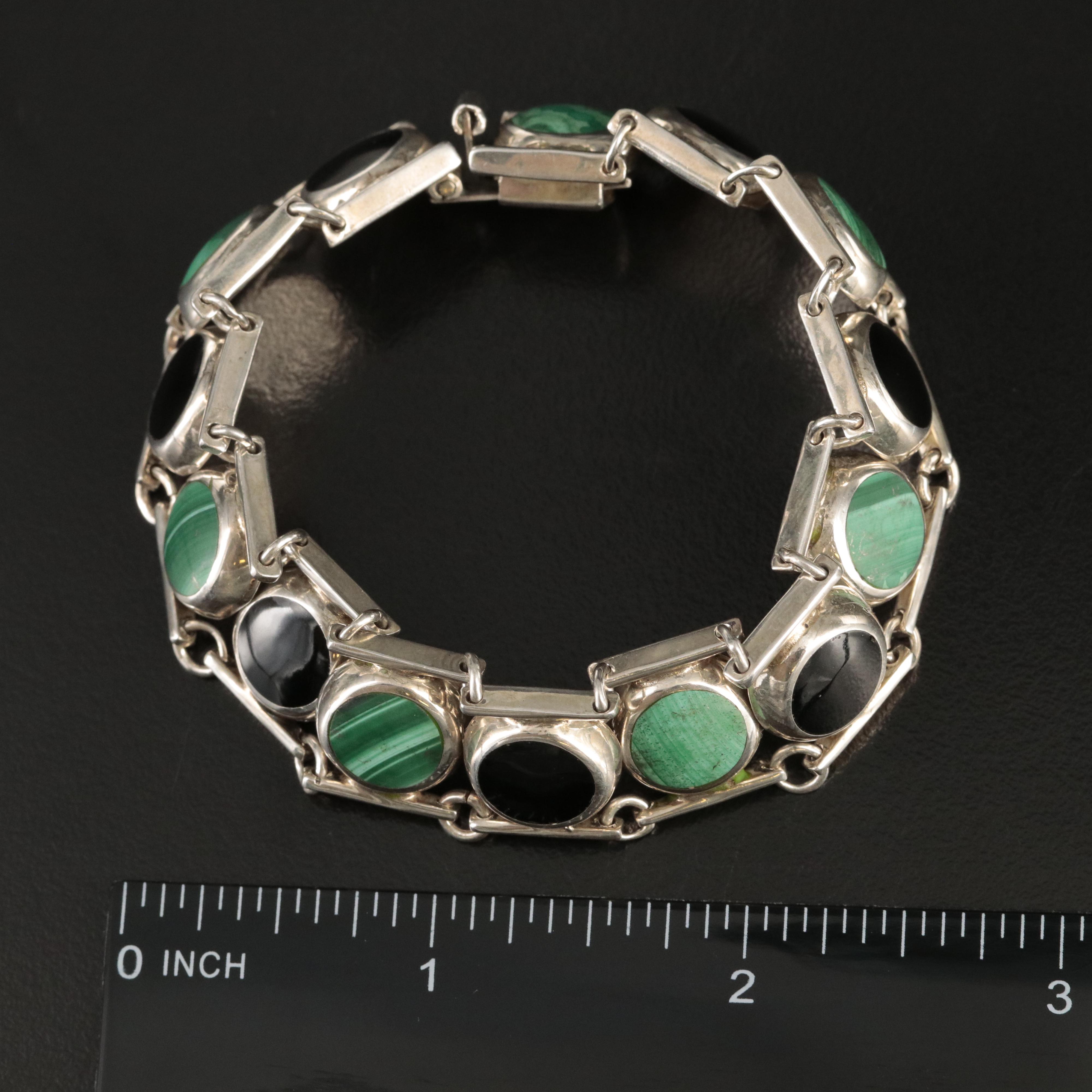 Mexican 950 Silver Malachite and Enamel Bracelet