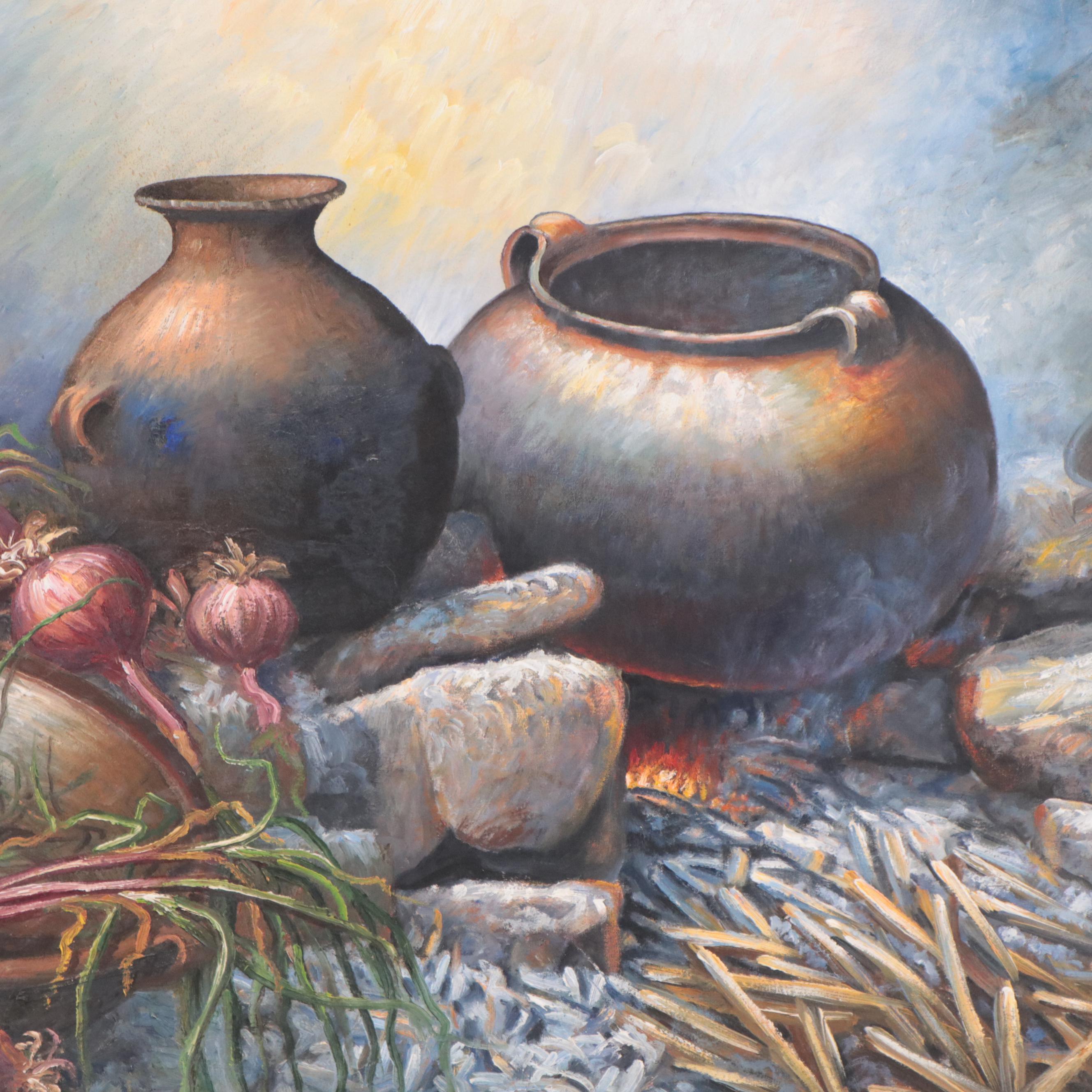 Emilio Turpoc Oil Painting of Still Life "Olla De Barro," 1990