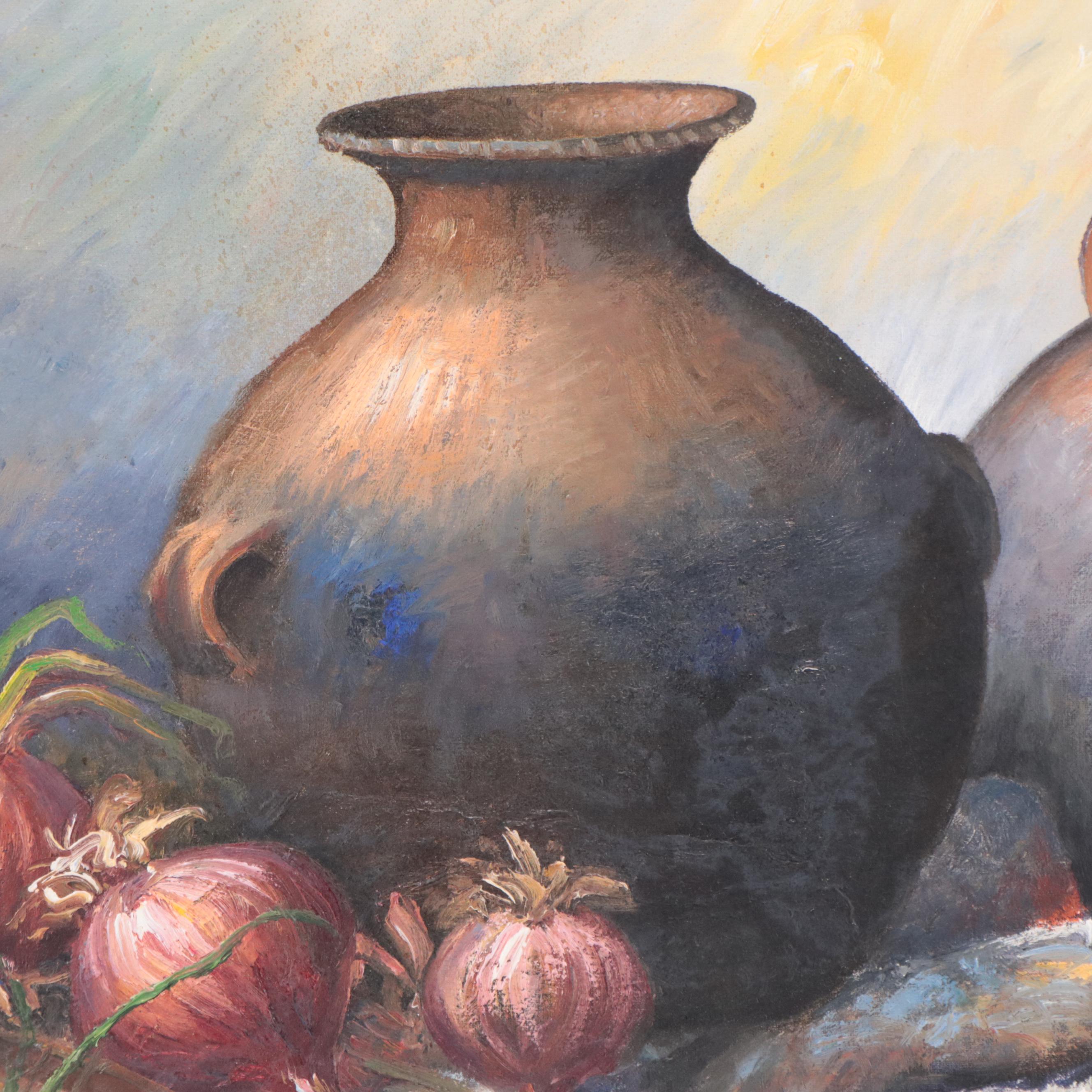 Emilio Turpoc Oil Painting of Still Life "Olla De Barro," 1990