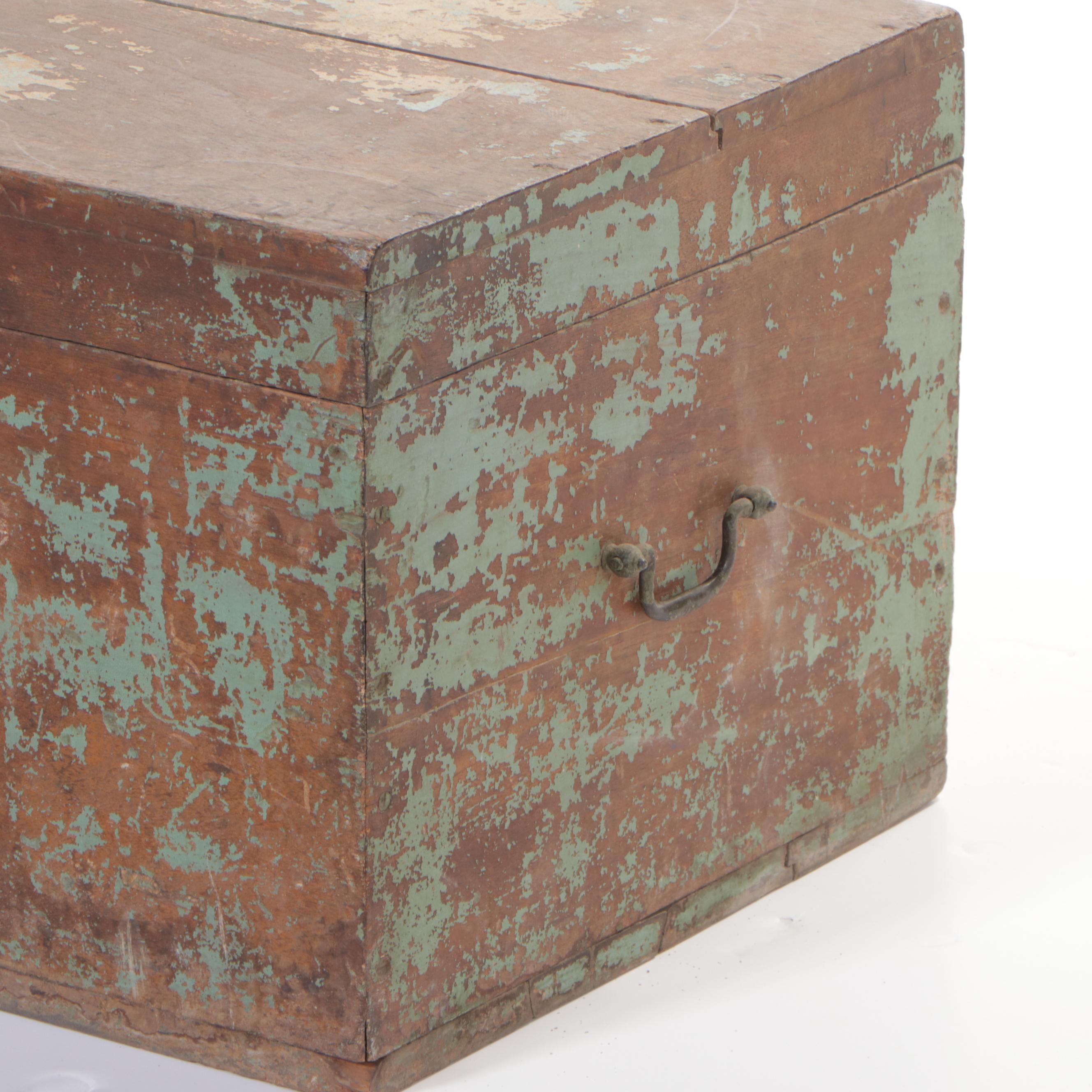 Indian Painted Teak Lift Top Trunk with Fitted Interior, Early 20th Century