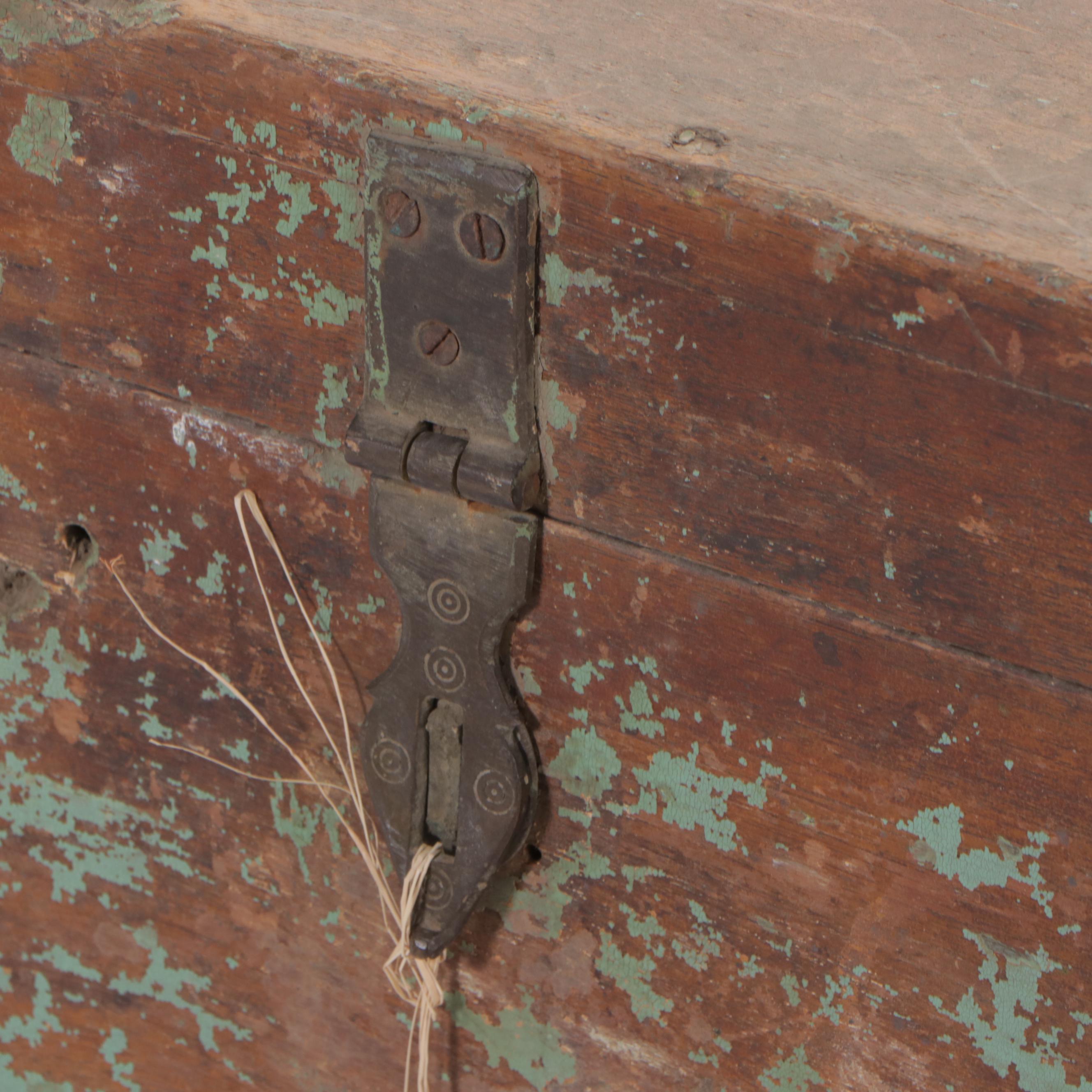 Indian Painted Teak Lift Top Trunk with Fitted Interior, Early 20th Century