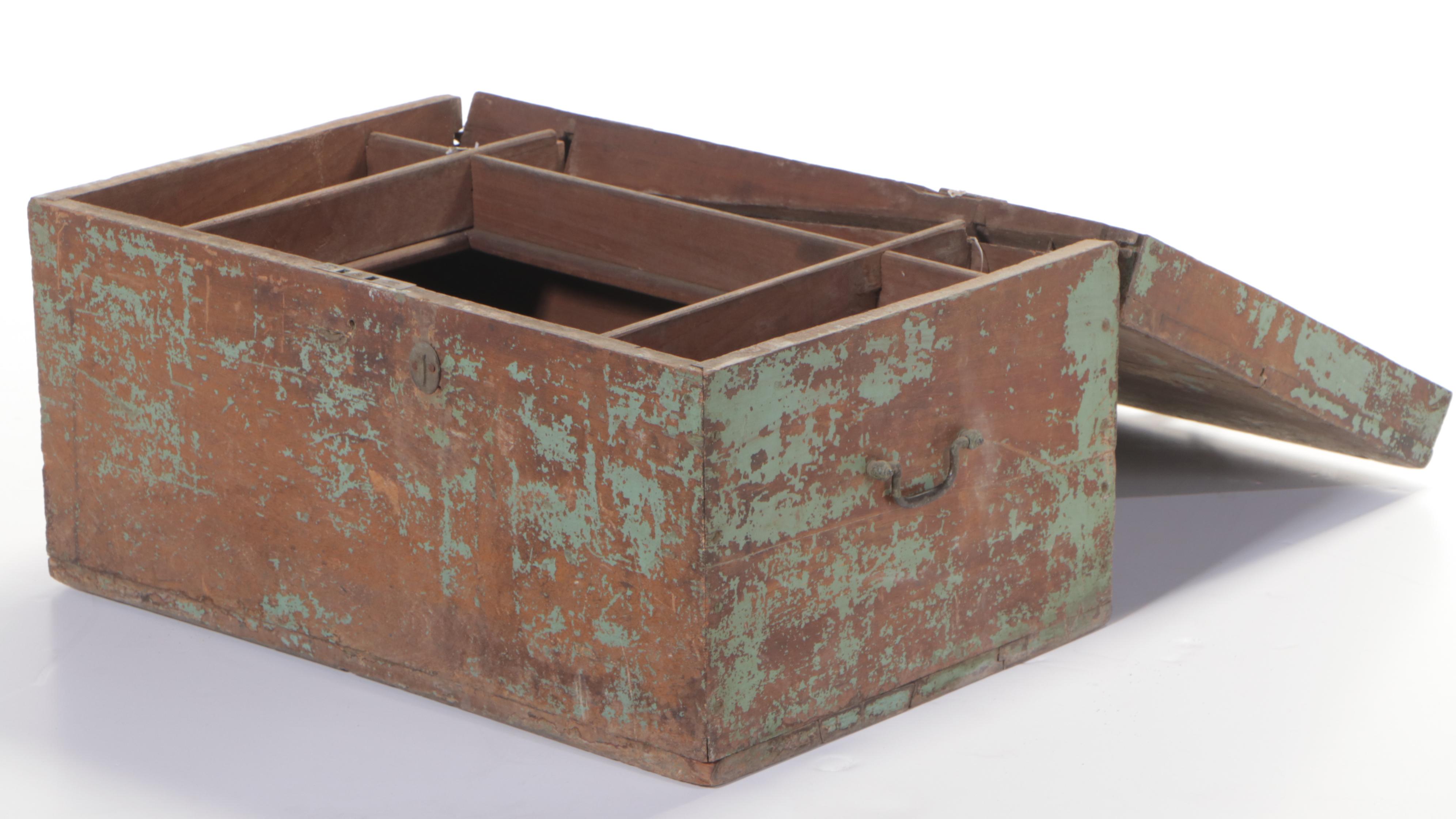 Indian Painted Teak Lift Top Trunk with Fitted Interior, Early 20th Century