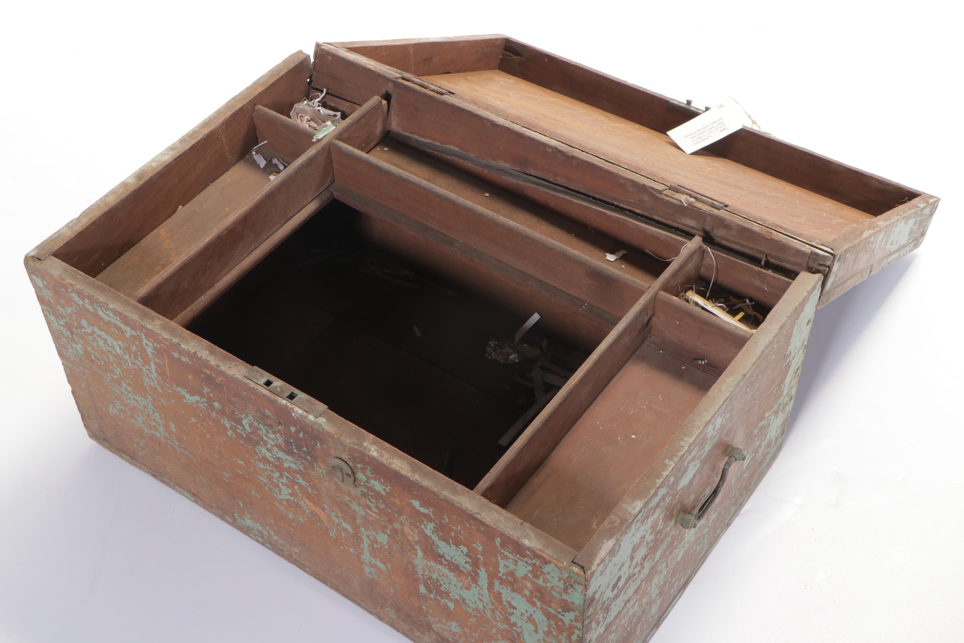 Indian Painted Teak Lift Top Trunk with Fitted Interior, Early 20th Century