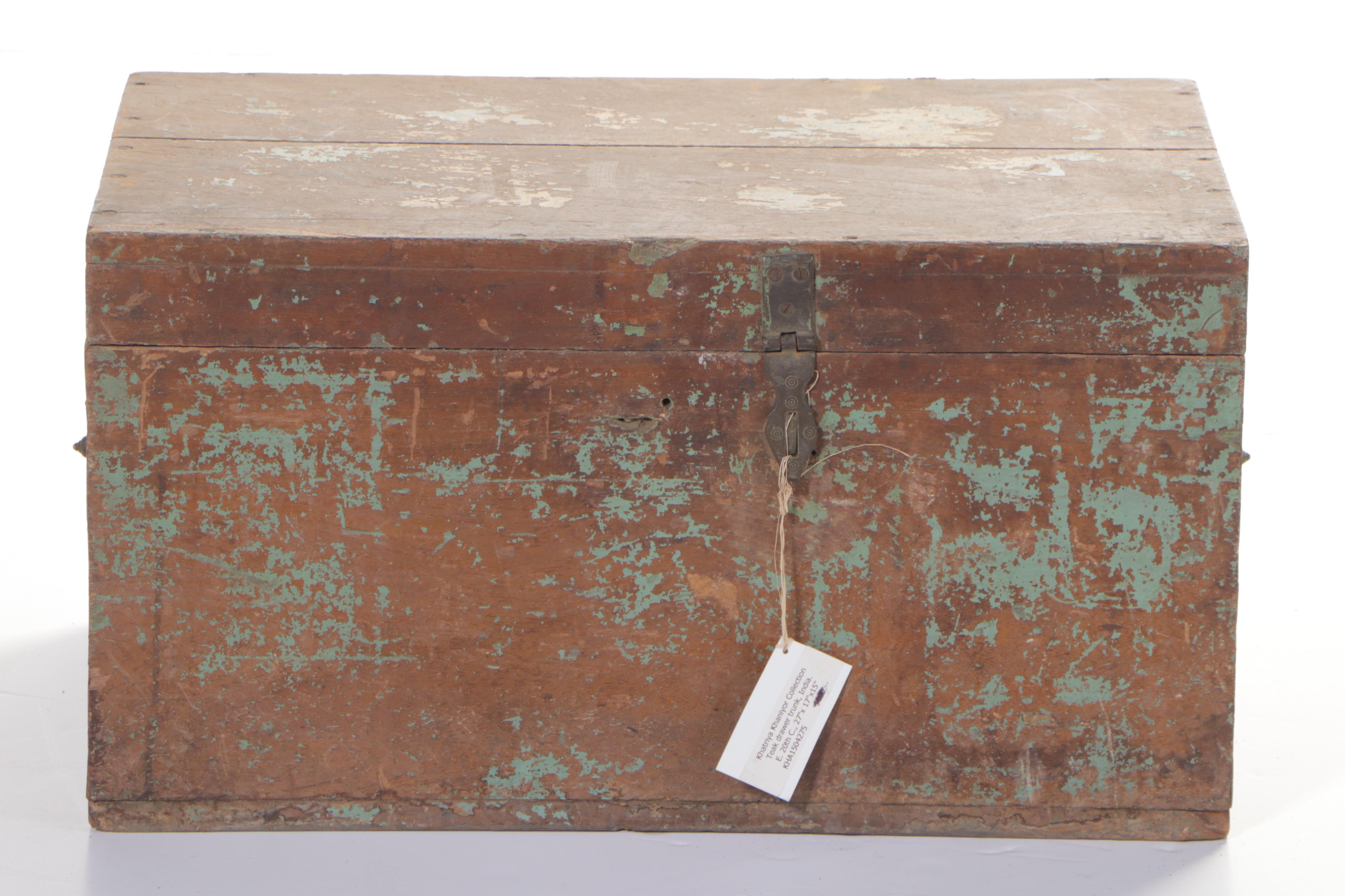 Indian Painted Teak Lift Top Trunk with Fitted Interior, Early 20th Century