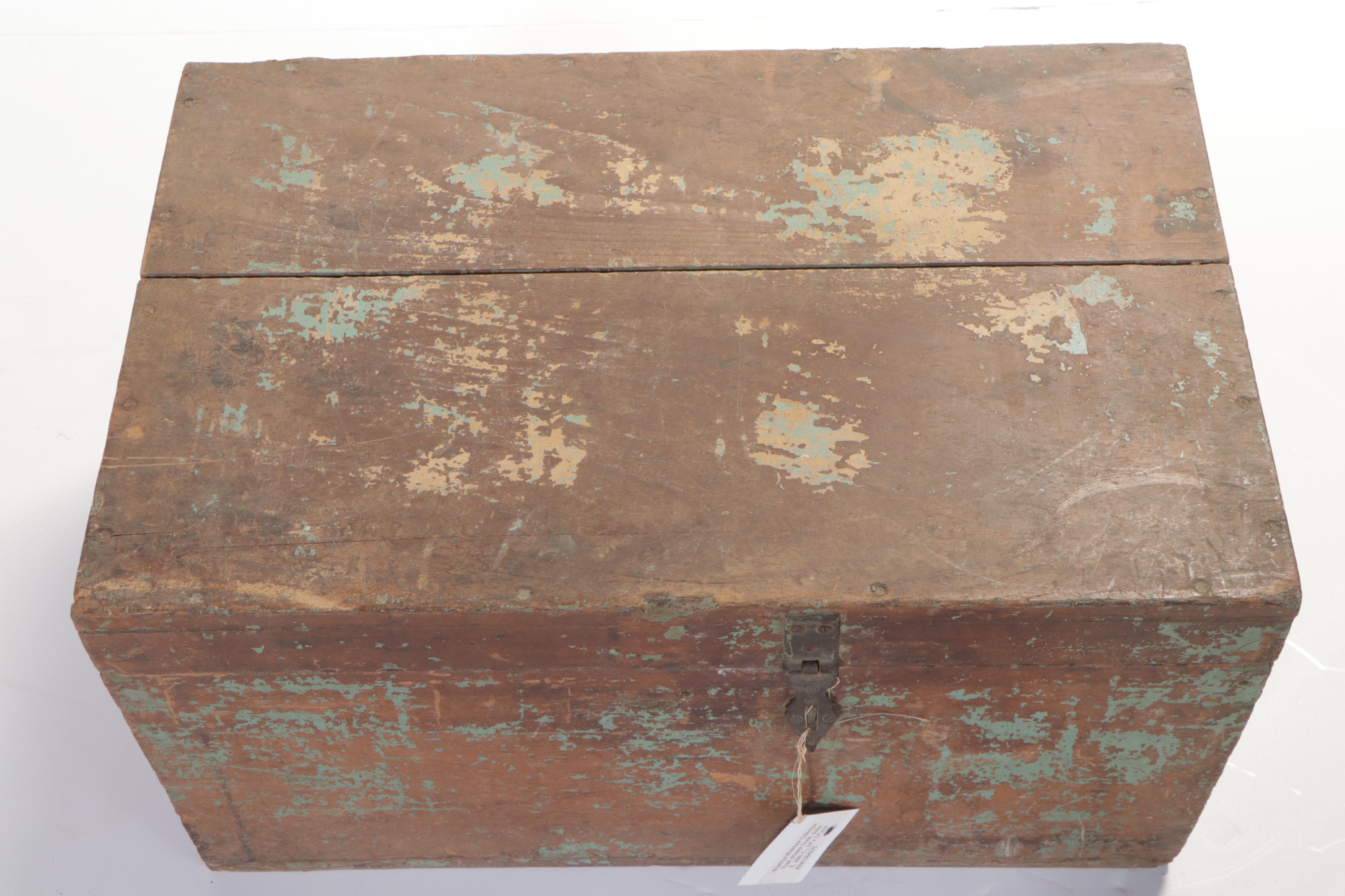 Indian Painted Teak Lift Top Trunk with Fitted Interior, Early 20th Century