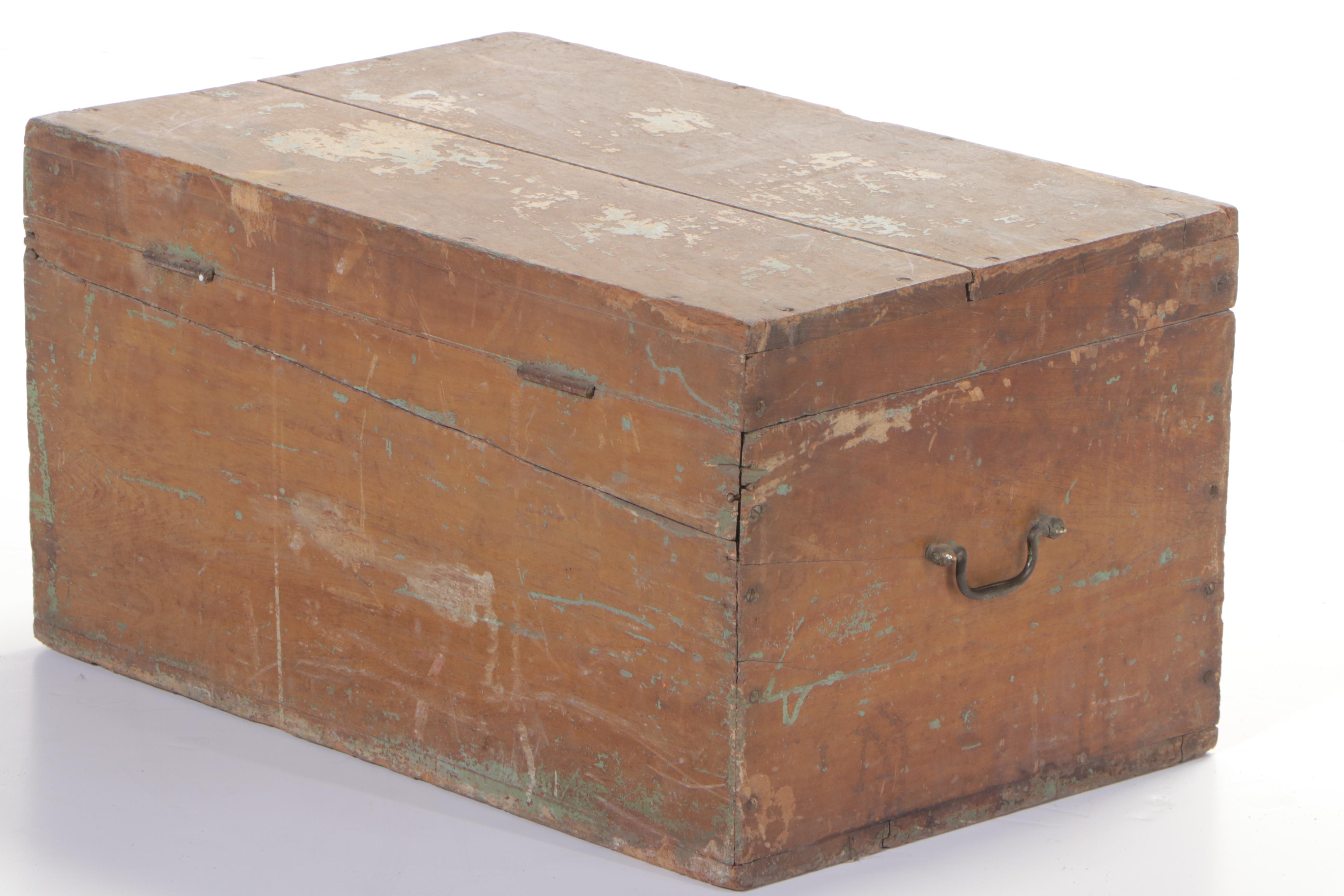 Indian Painted Teak Lift Top Trunk with Fitted Interior, Early 20th Century