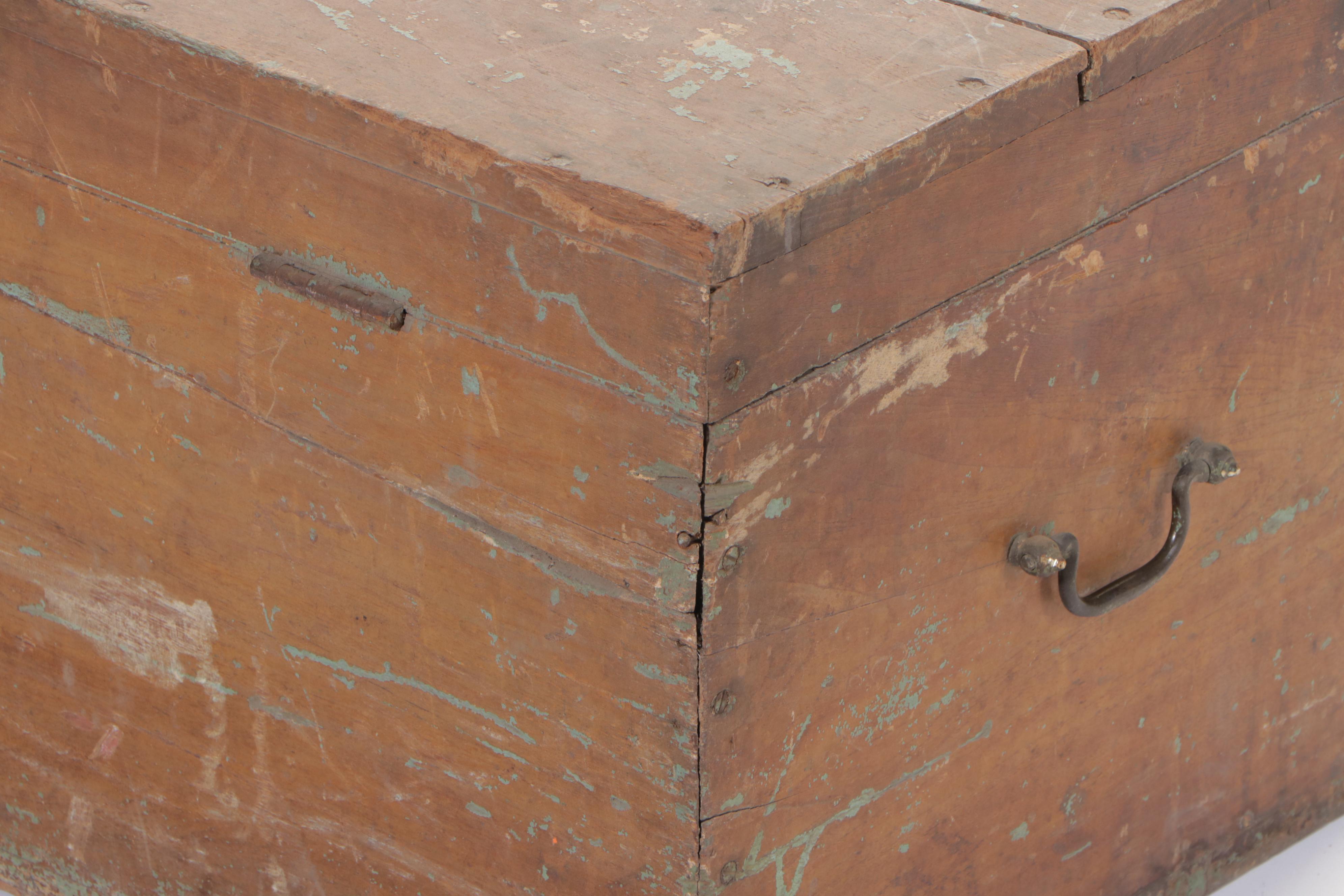 Indian Painted Teak Lift Top Trunk with Fitted Interior, Early 20th Century