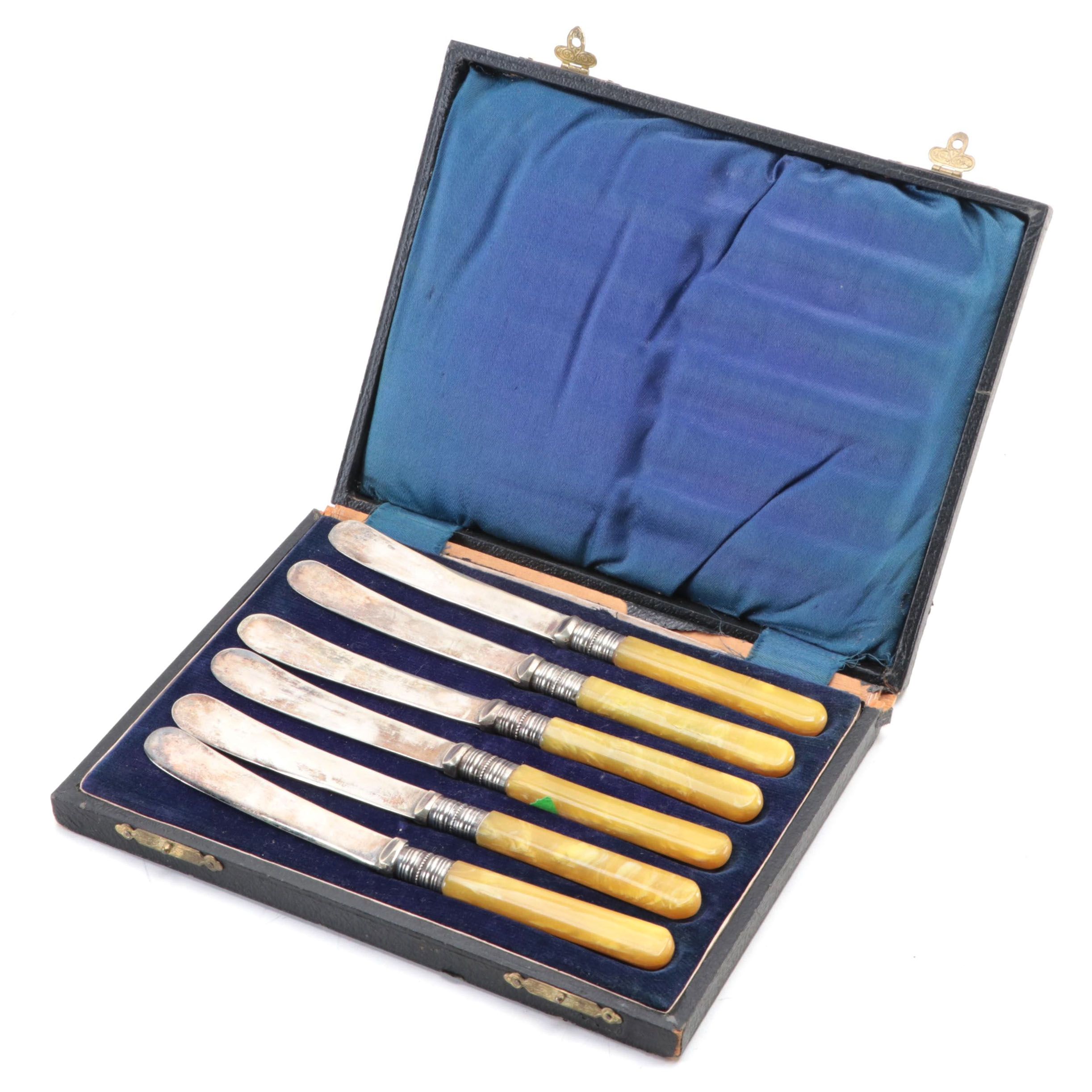 English Silver Plate and Pearlized Bakelite Handled Knives in Presentation Case