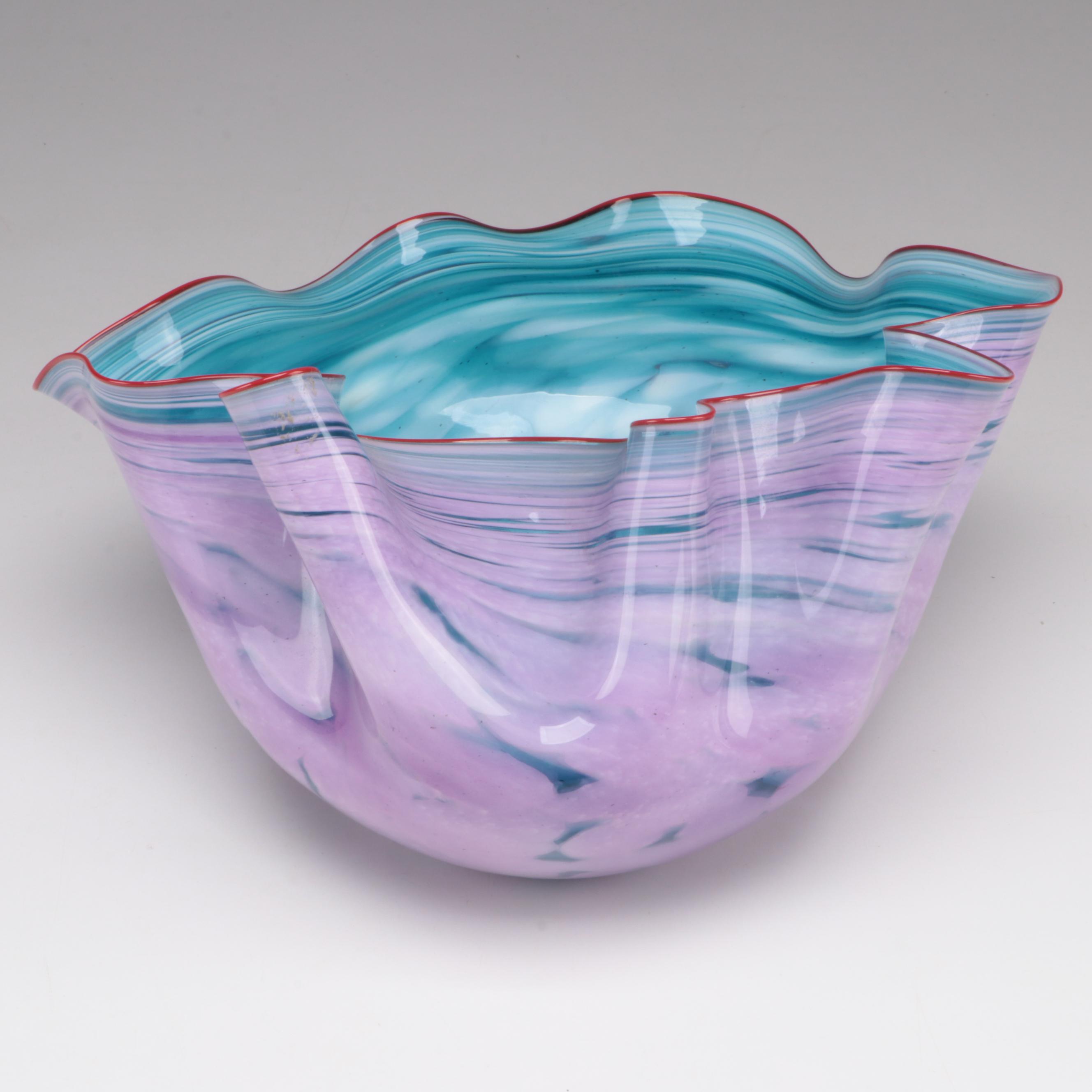 Artist Signed Blown Multicolor Mottled and Fluted Studio Art Glass Bowl, 1996