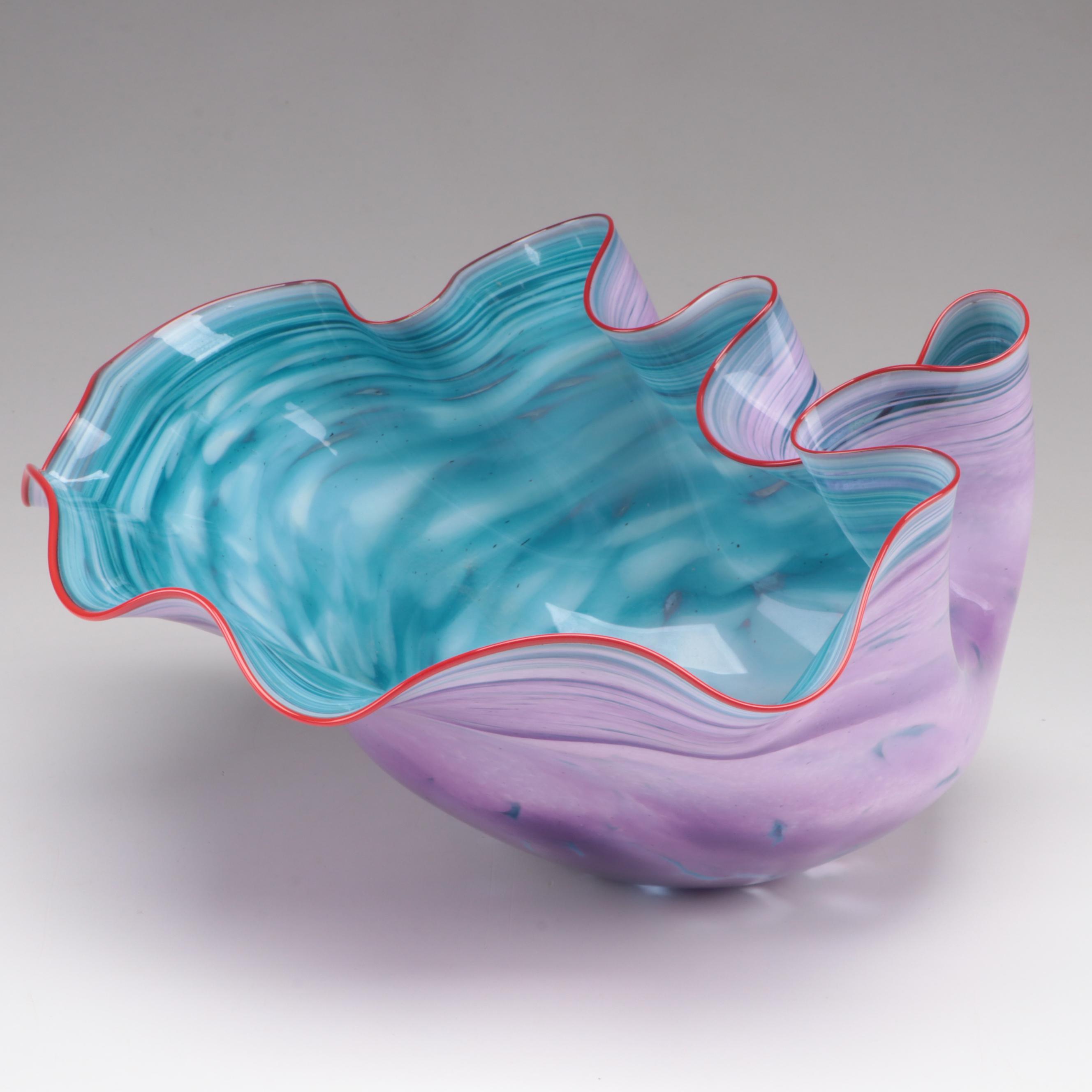 Artist Signed Blown Multicolor Mottled and Fluted Studio Art Glass Bowl, 1996