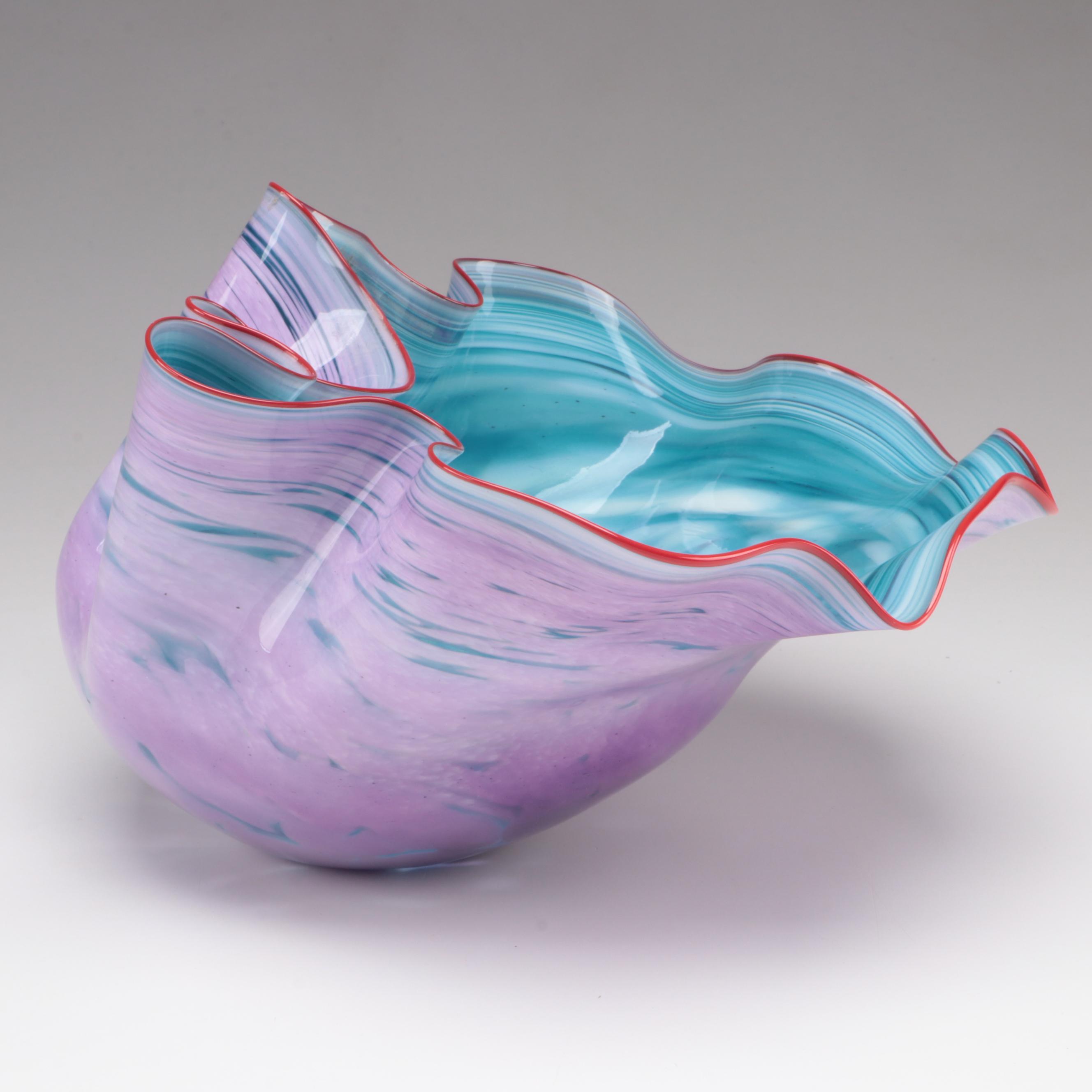 Artist Signed Blown Multicolor Mottled and Fluted Studio Art Glass Bowl, 1996