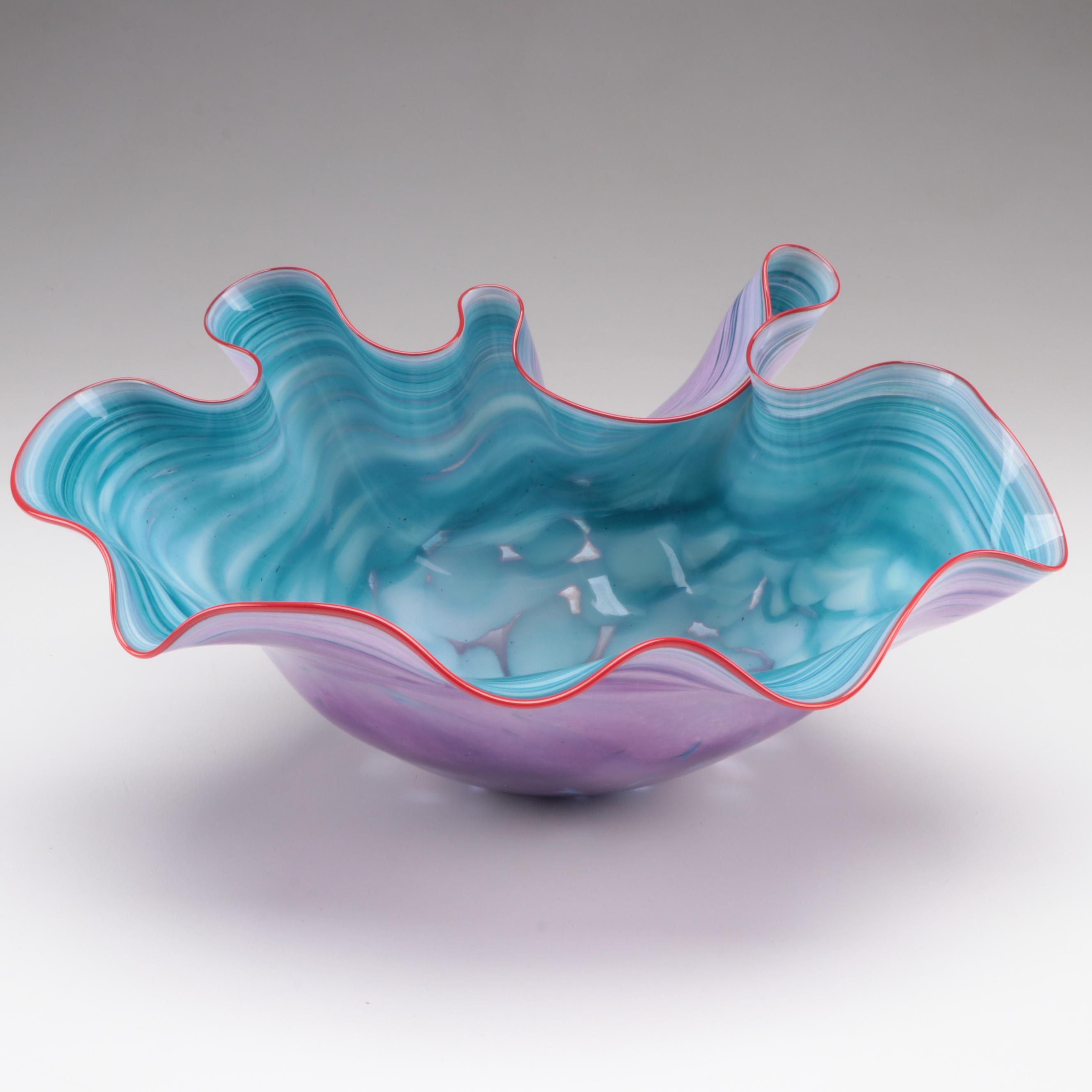 Artist Signed Blown Multicolor Mottled and Fluted Studio Art Glass Bowl, 1996