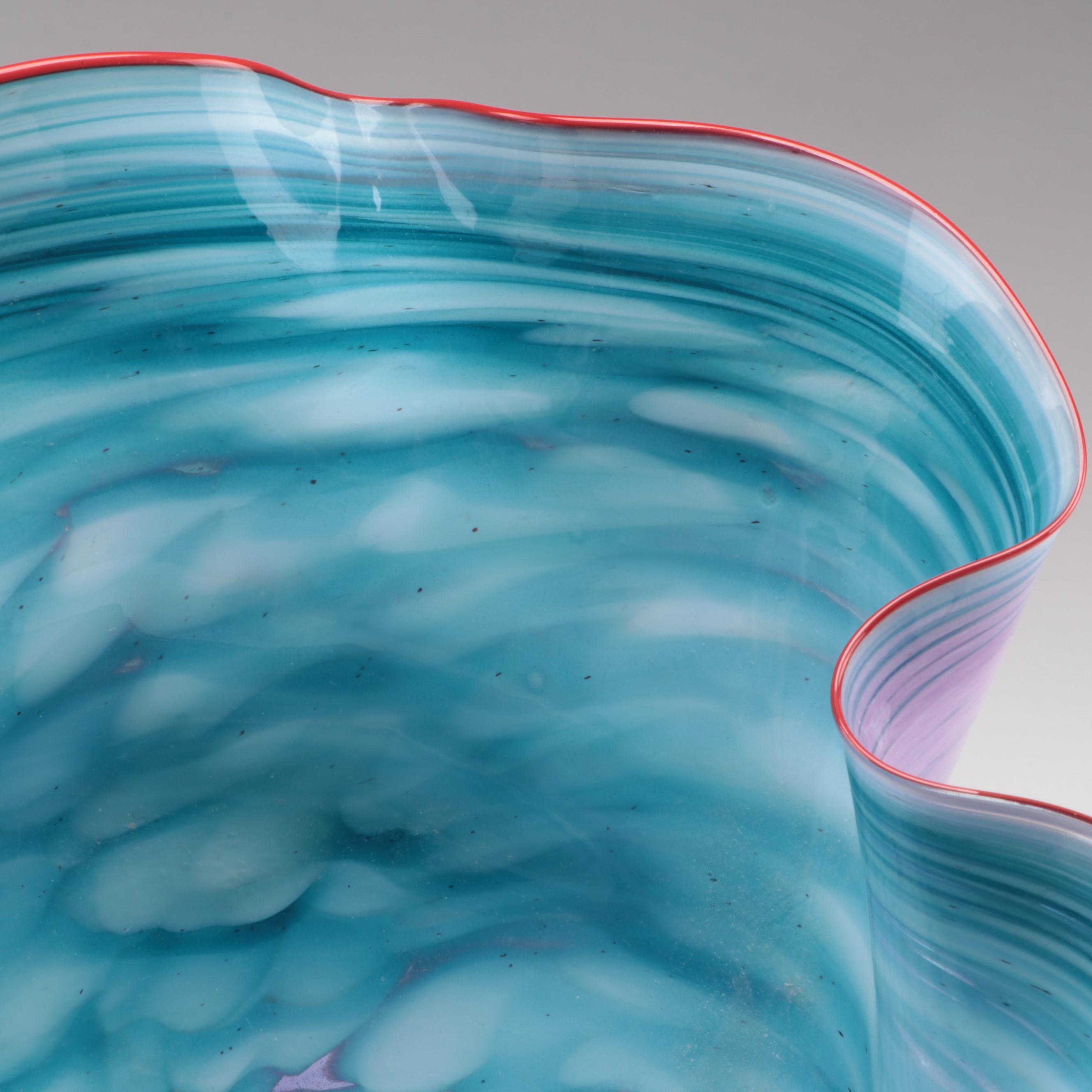 Artist Signed Blown Multicolor Mottled and Fluted Studio Art Glass Bowl, 1996