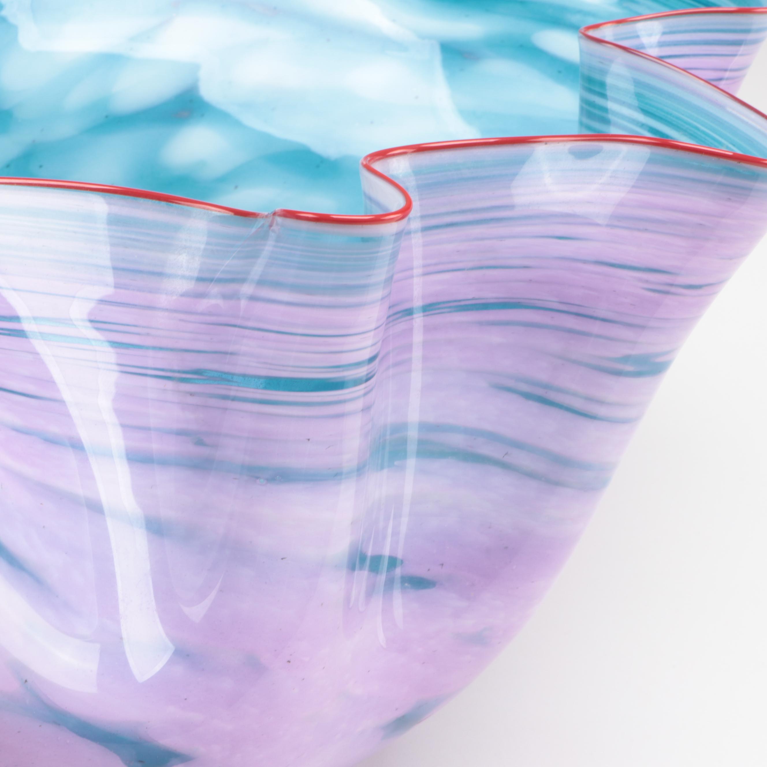 Artist Signed Blown Multicolor Mottled and Fluted Studio Art Glass Bowl, 1996