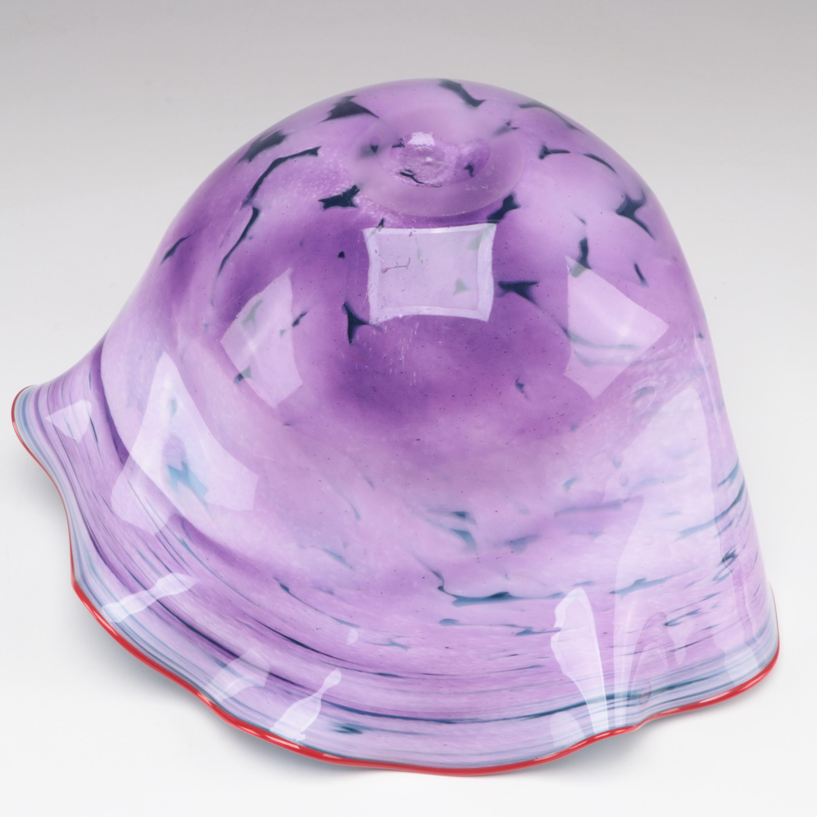 Artist Signed Blown Multicolor Mottled and Fluted Studio Art Glass Bowl, 1996