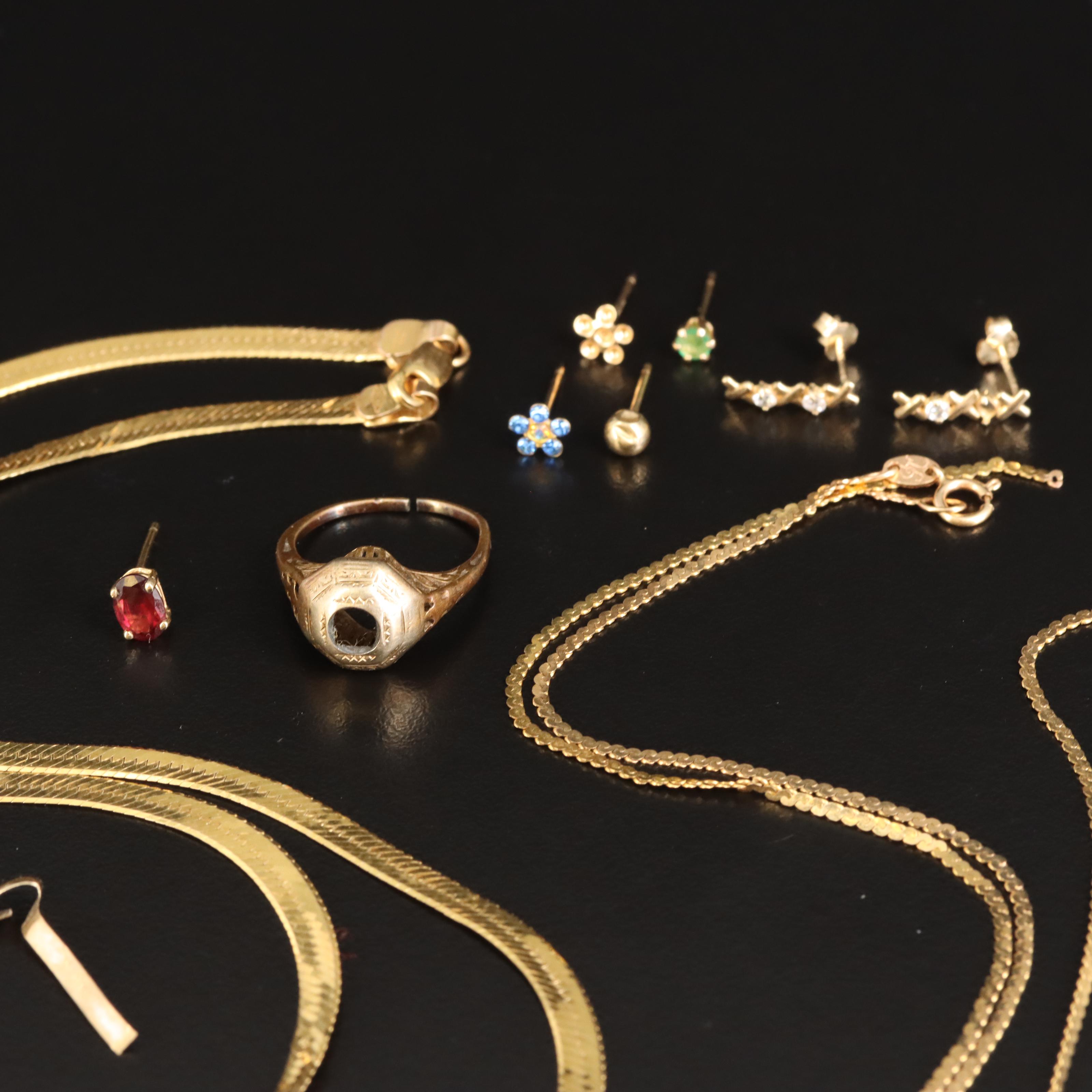 Scrap, Repair and Findings 14K and 10K Jewelry Grouping Including Gemstones