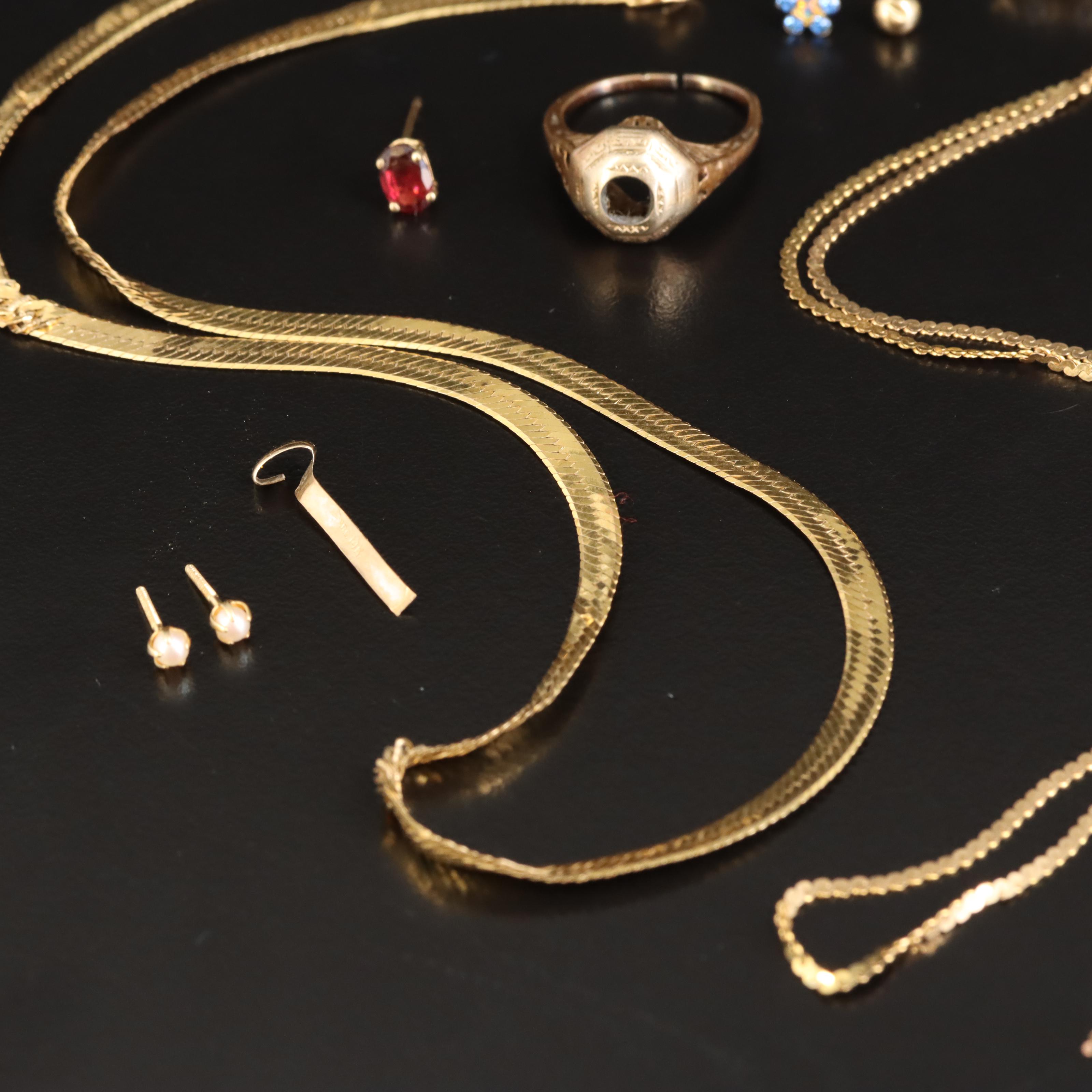 Scrap, Repair and Findings 14K and 10K Jewelry Grouping Including Gemstones