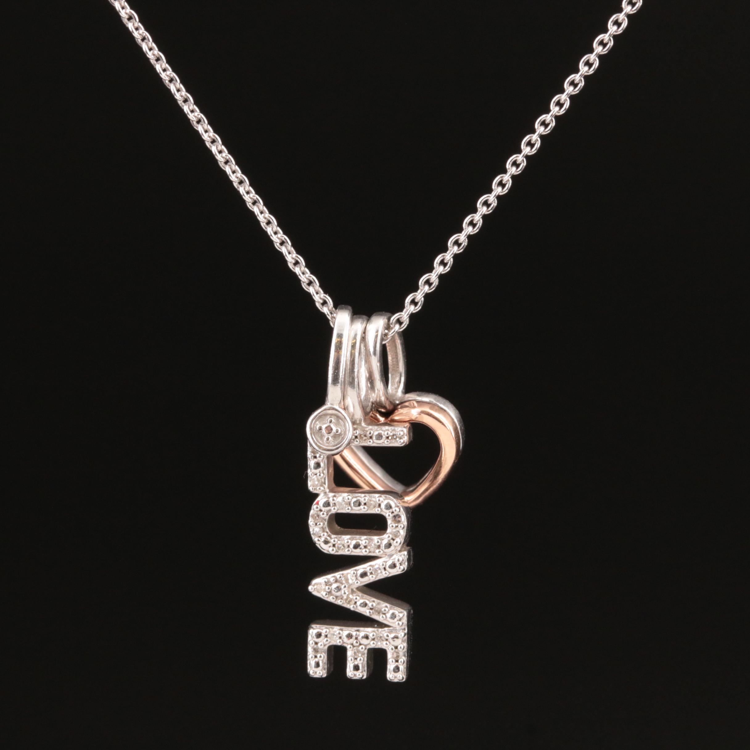 Sterling Diamond Necklace with 10K Rose Gold Accent