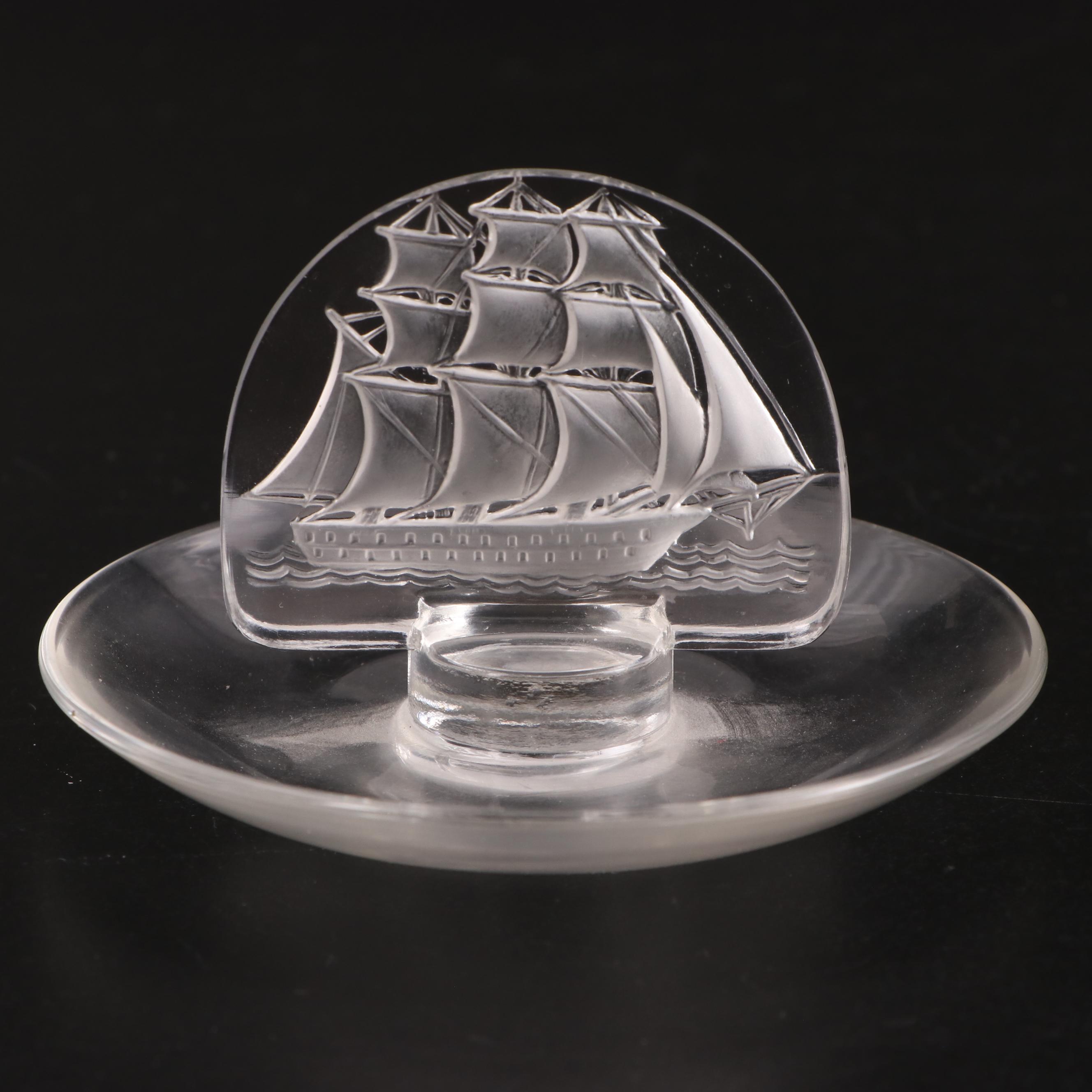 Lalique "Caravelle" Frosted and Clear Ship Motif Crystal Pin Trays