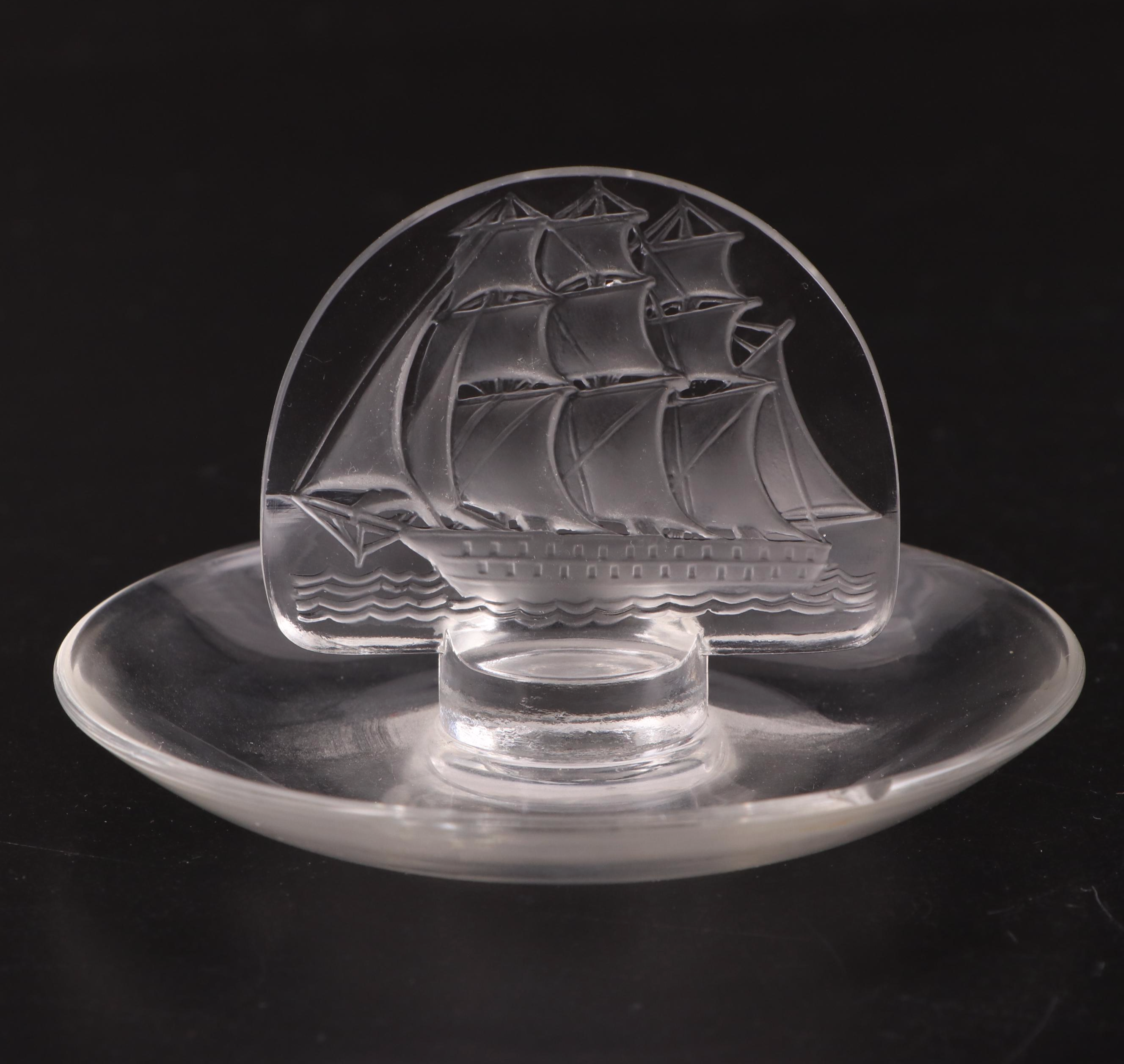 Lalique "Caravelle" Frosted and Clear Ship Motif Crystal Pin Trays