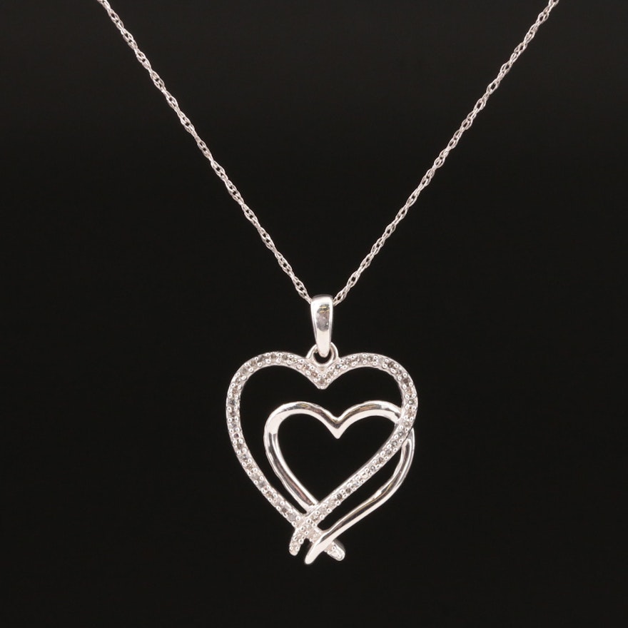 Sterling Diamond Double Heart Pendant Necklace