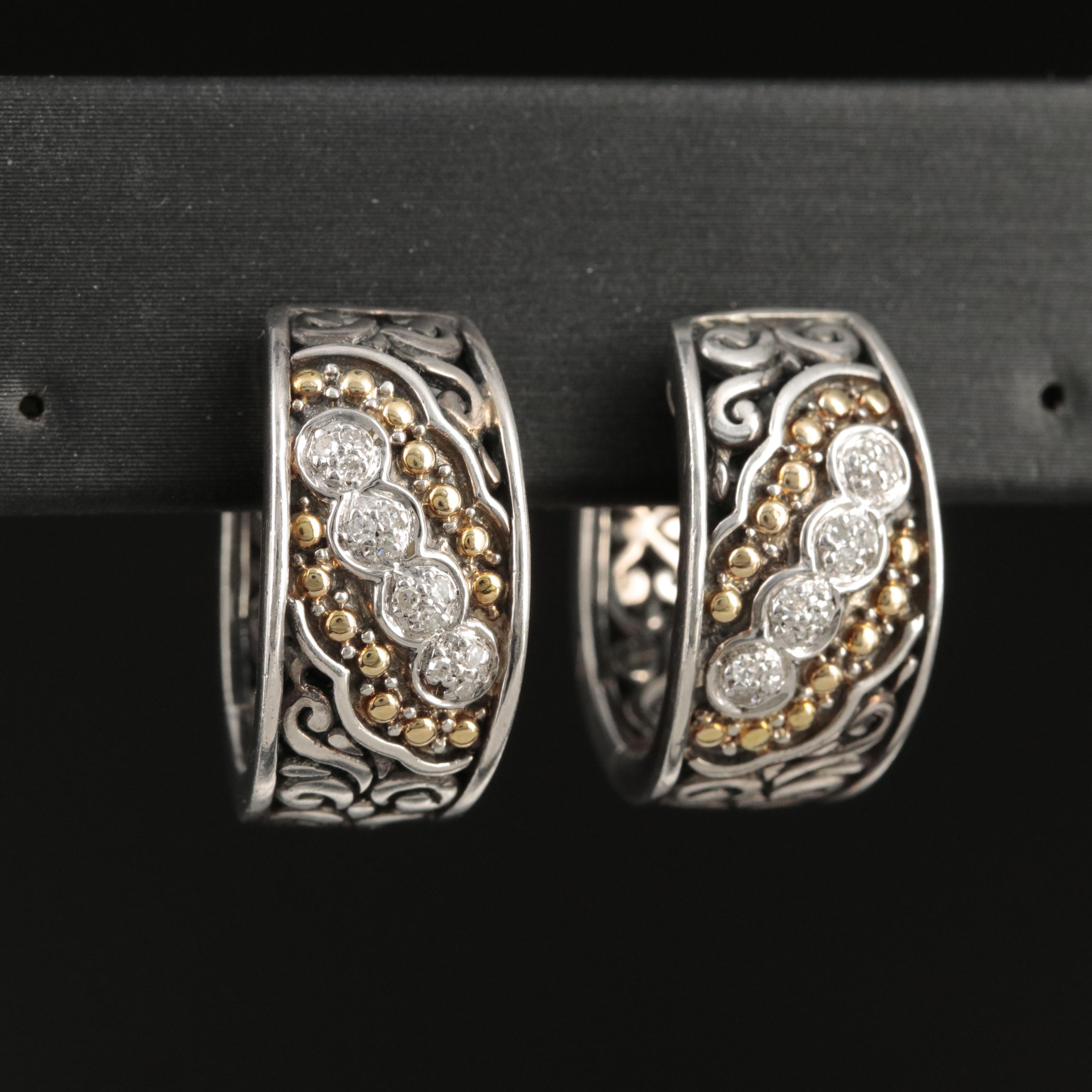 EFFY Sterling Diamond Hoop Earrings with Scroll Design and 18K Accents