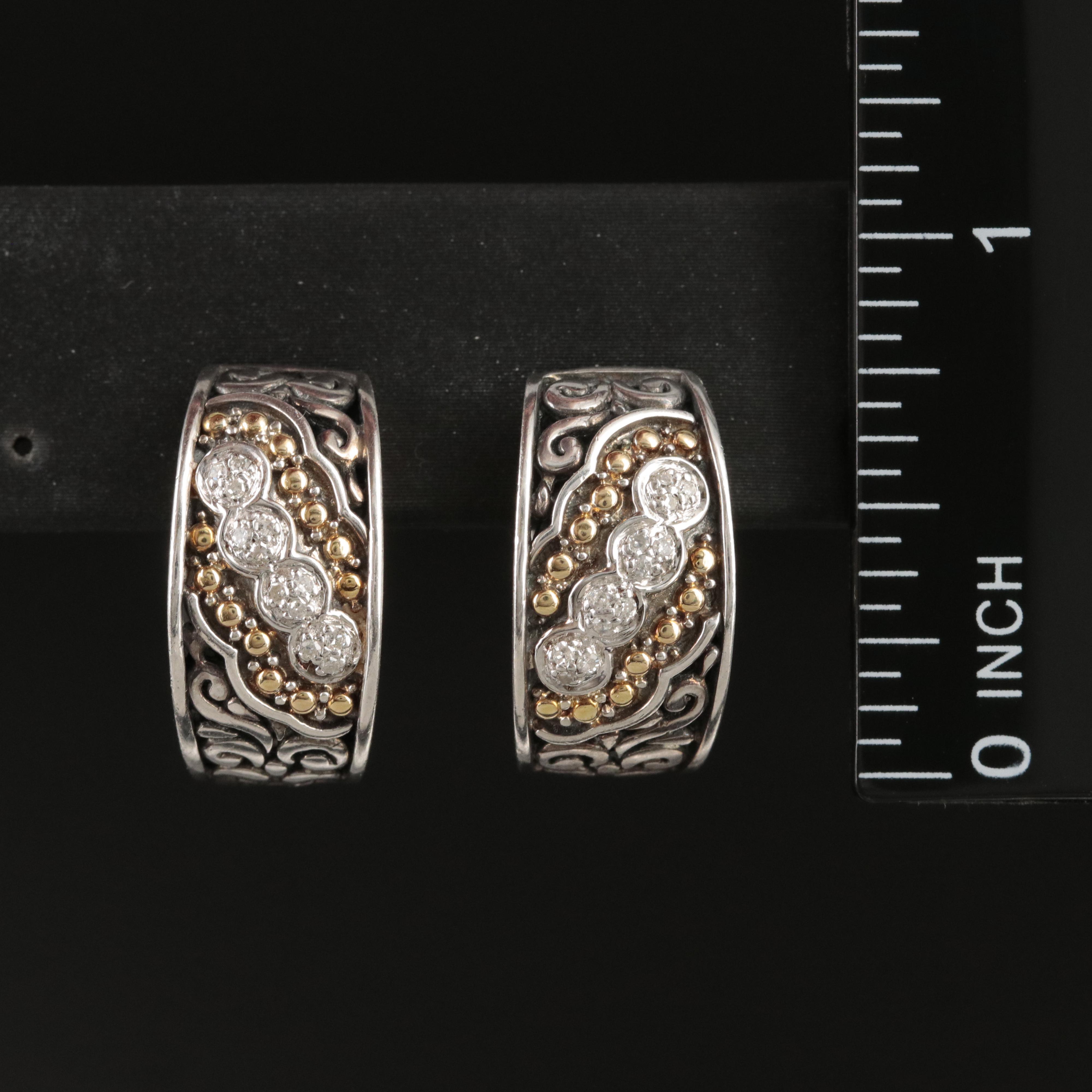 EFFY Sterling Diamond Hoop Earrings with Scroll Design and 18K Accents