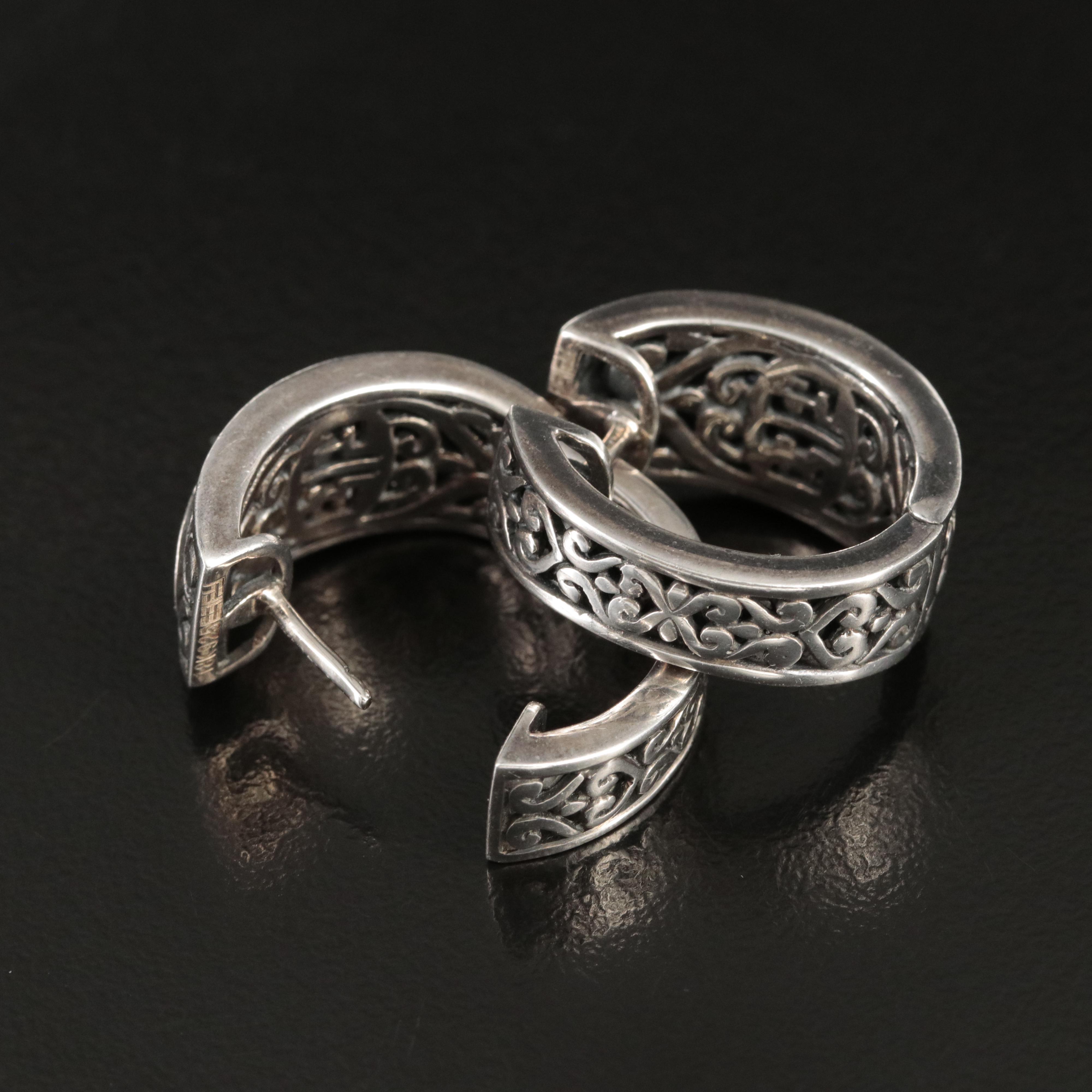 EFFY Sterling Diamond Hoop Earrings with Scroll Design and 18K Accents