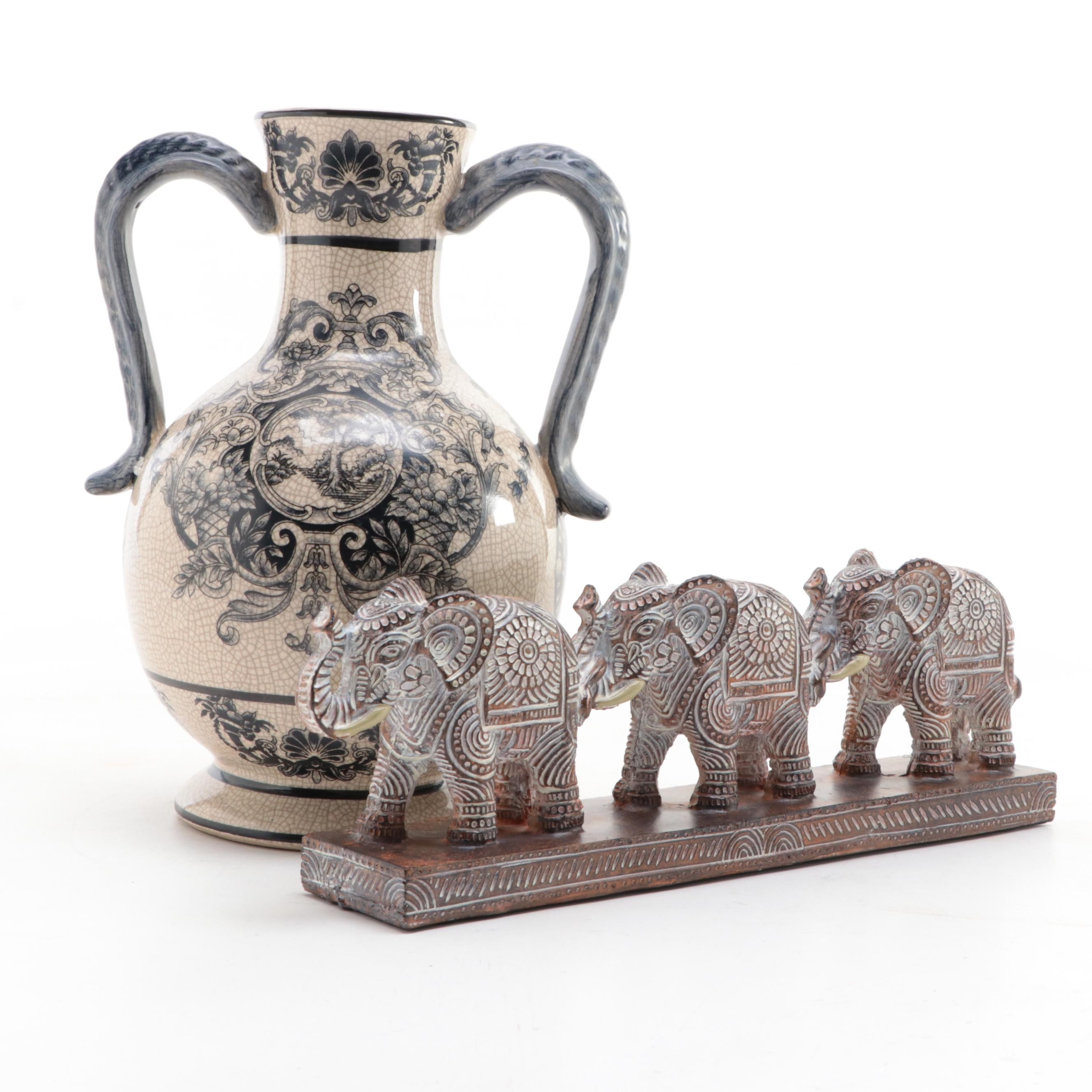 Chinese Pottery Urn With Carved Three-Elephant Figurine