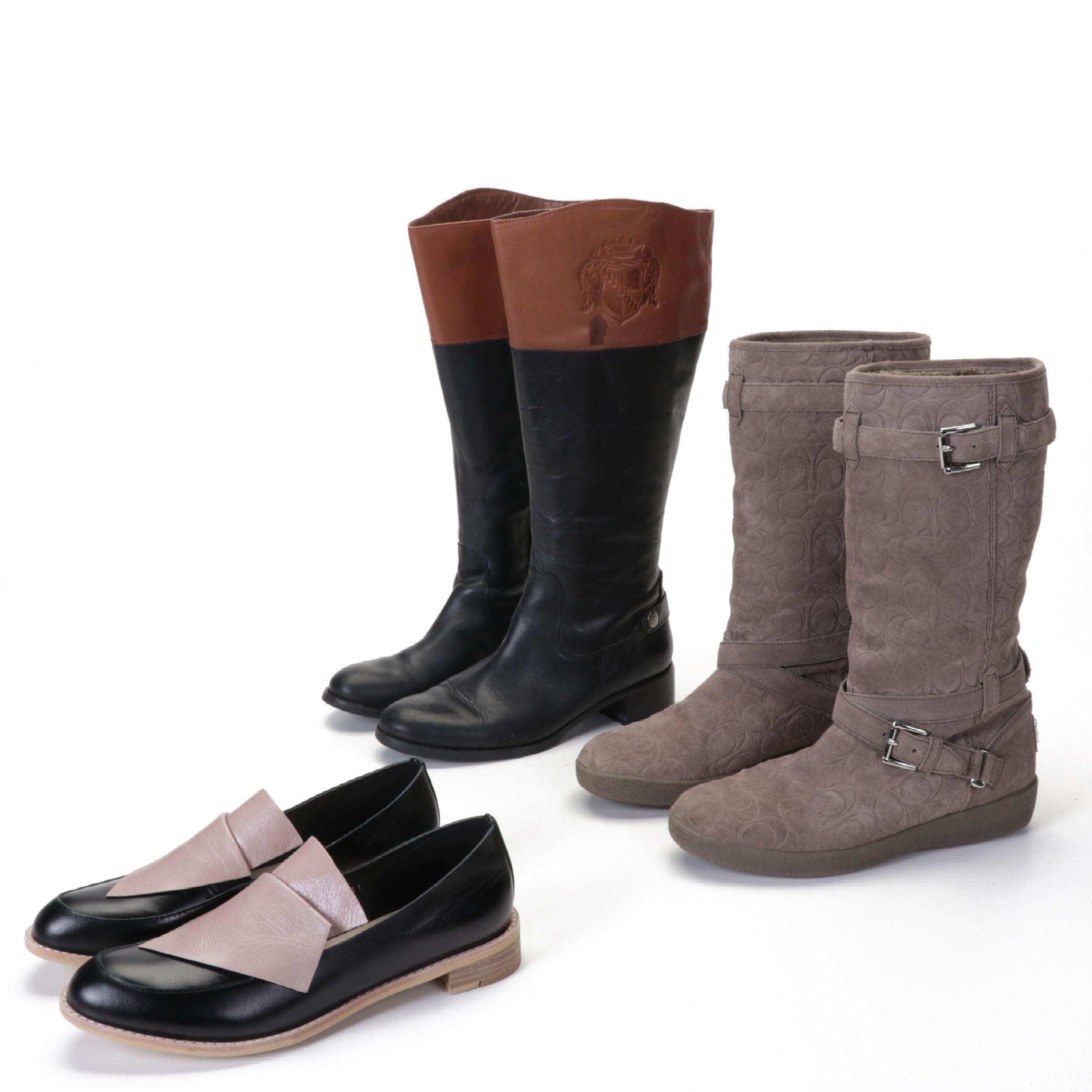 All Black "Flatbow Cowman" Loafers, Coach "Thelma" Suede Boots, and More Boots