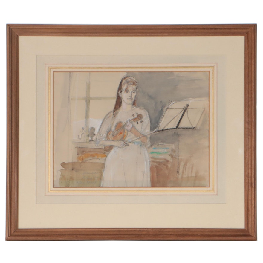 John Stanton Ward Figural Mixed Media Painting "Daughter with Violin", 1987