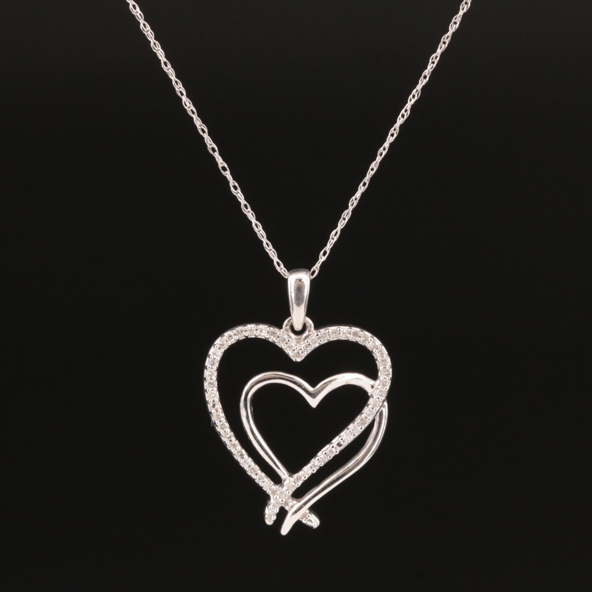 Sterling Double Heart Diamond Pendant Necklace