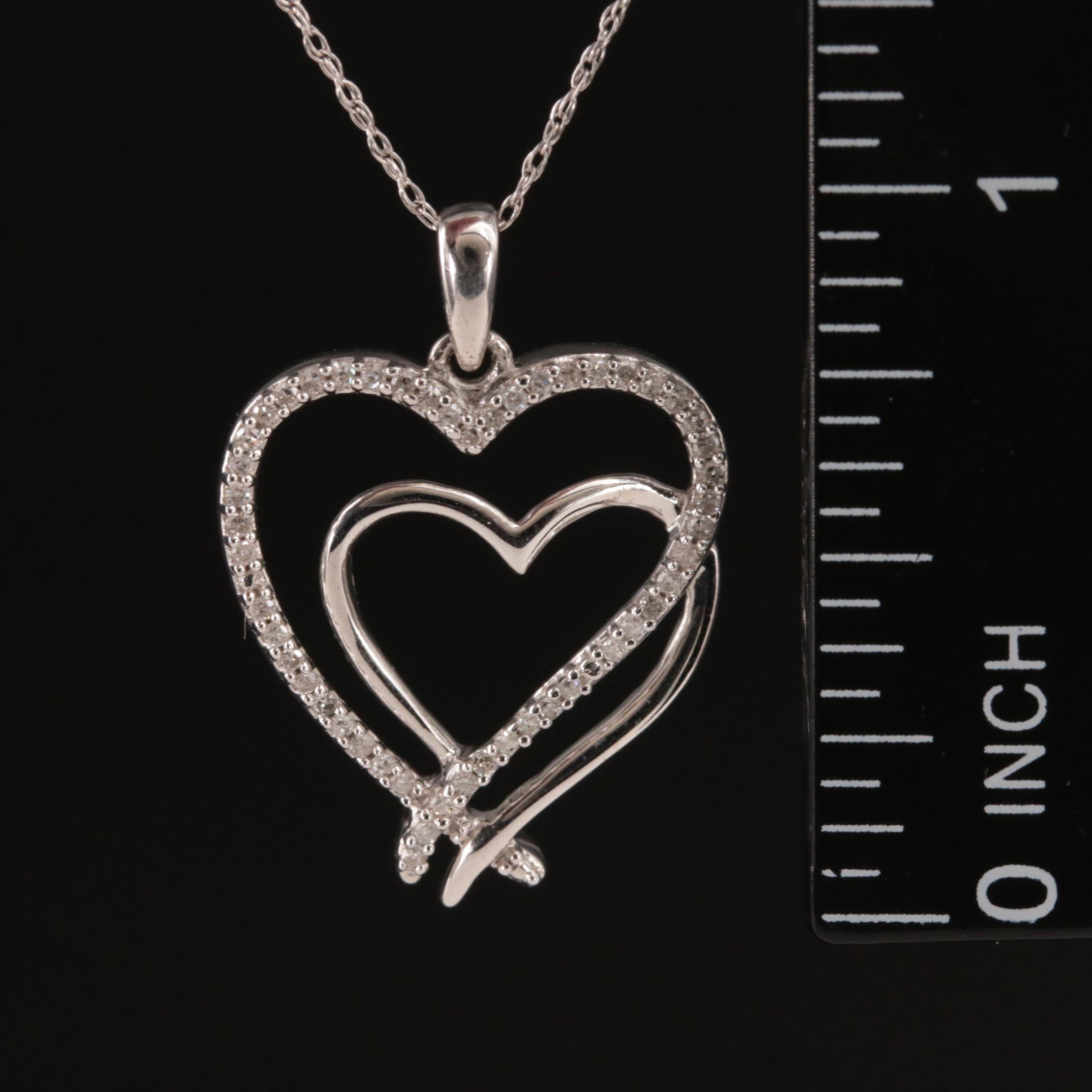 Sterling Double Heart Diamond Pendant Necklace
