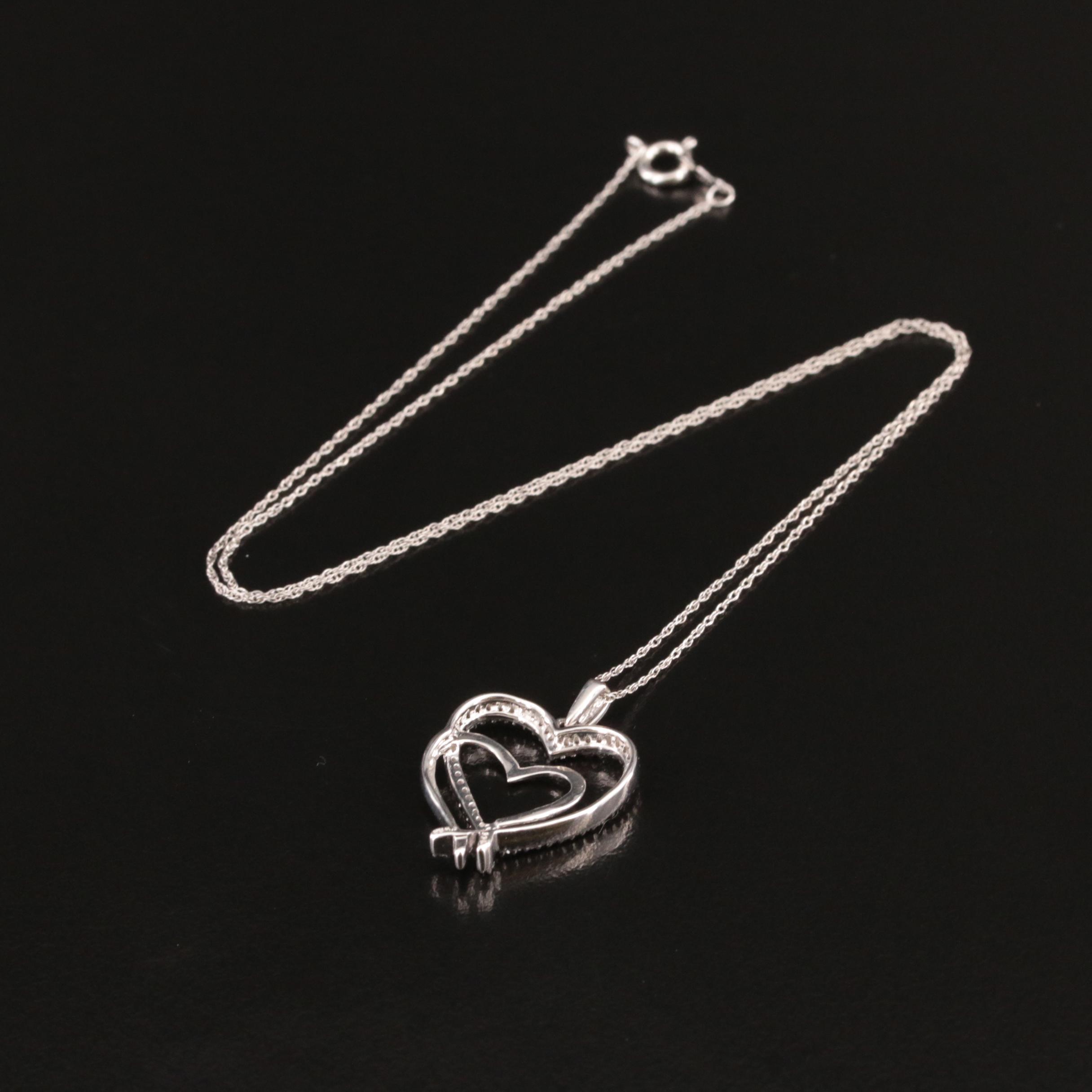 Sterling Double Heart Diamond Pendant Necklace