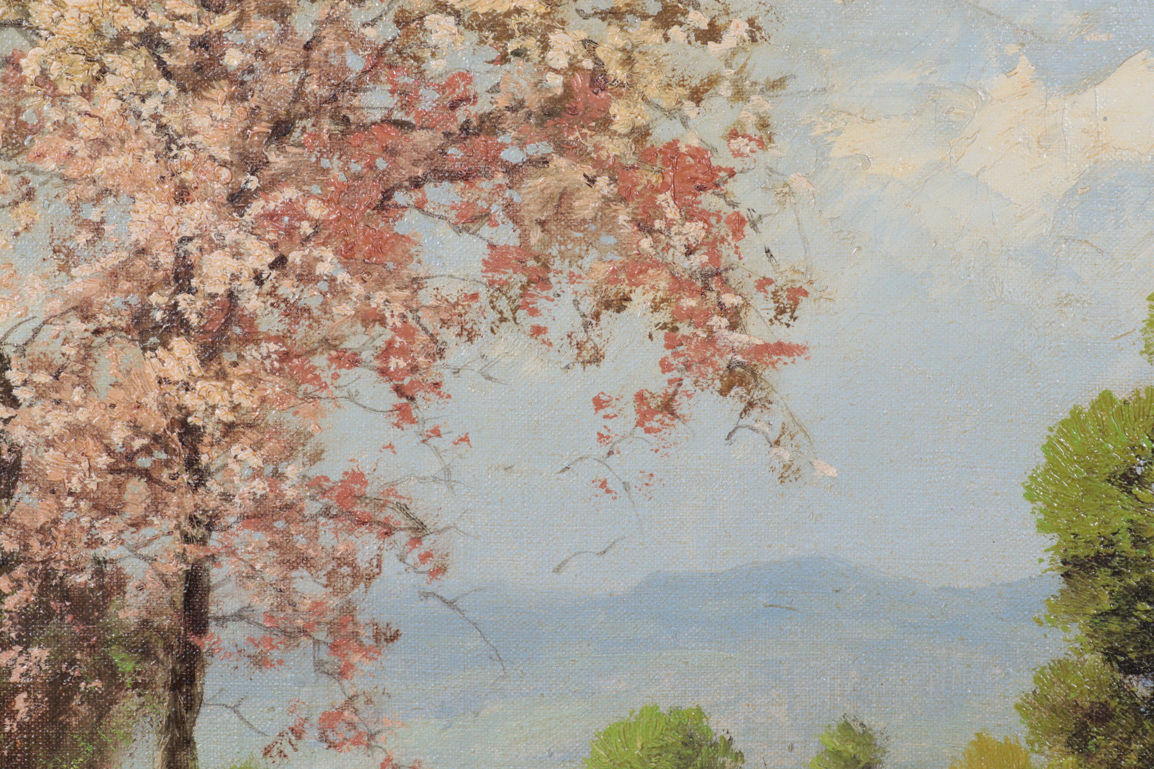 László Neogrády Landscape Oil Painting of Figures at Bridge