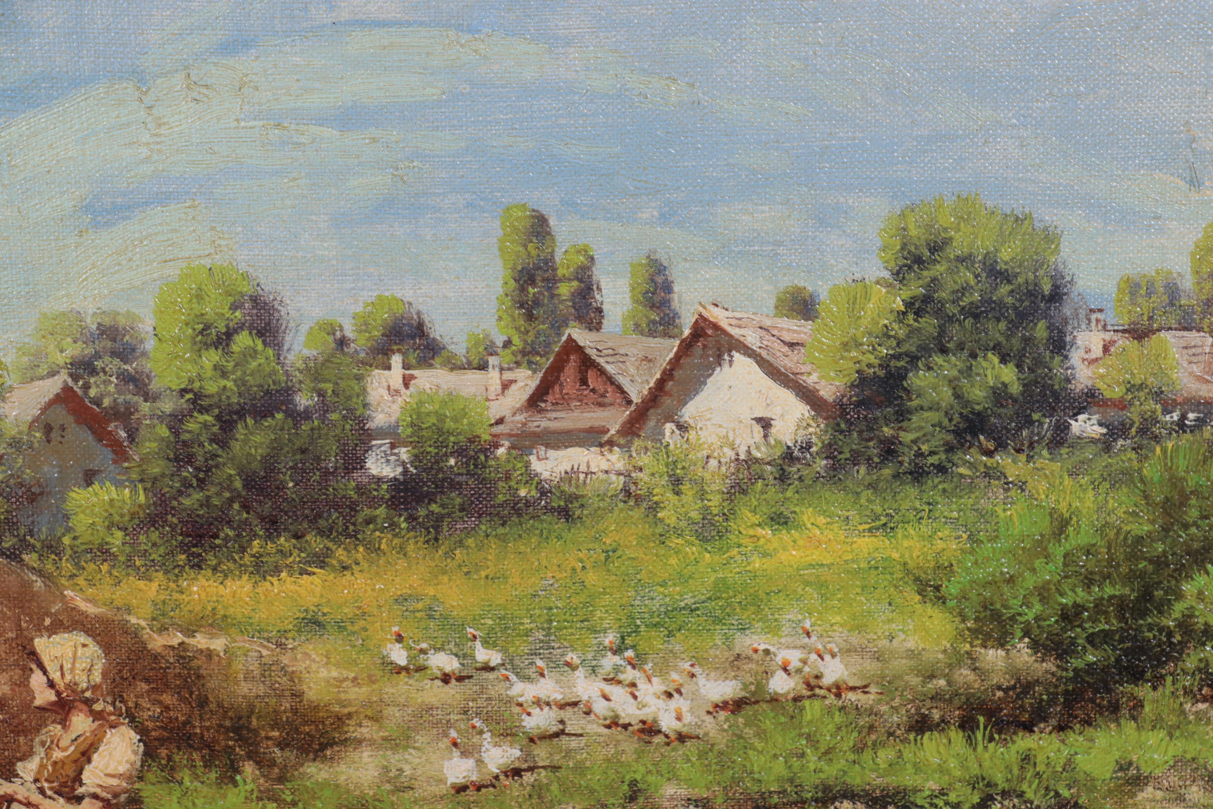 László Neogrády Landscape Oil Painting of Figures at Bridge