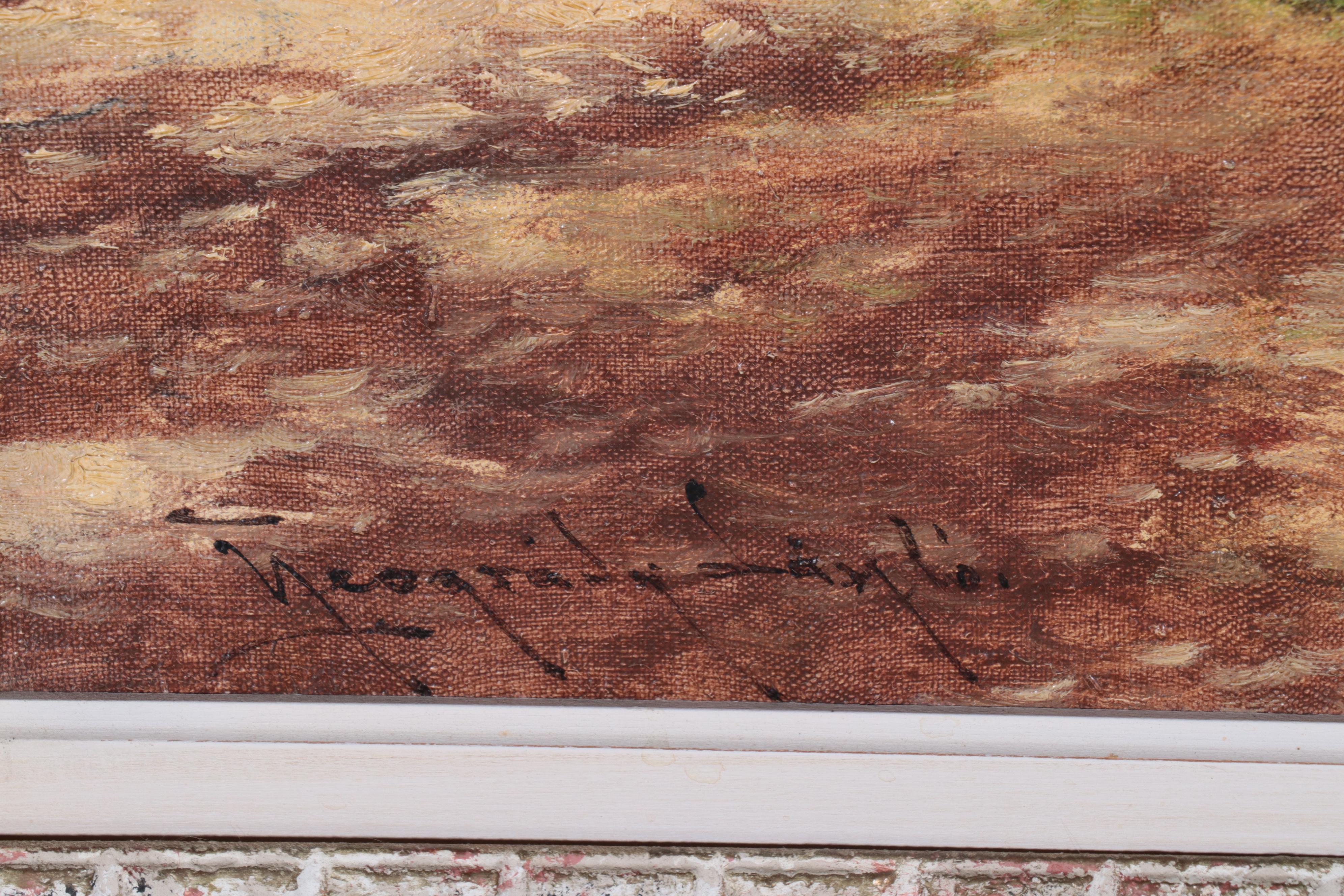 László Neogrády Landscape Oil Painting of Figures at Bridge