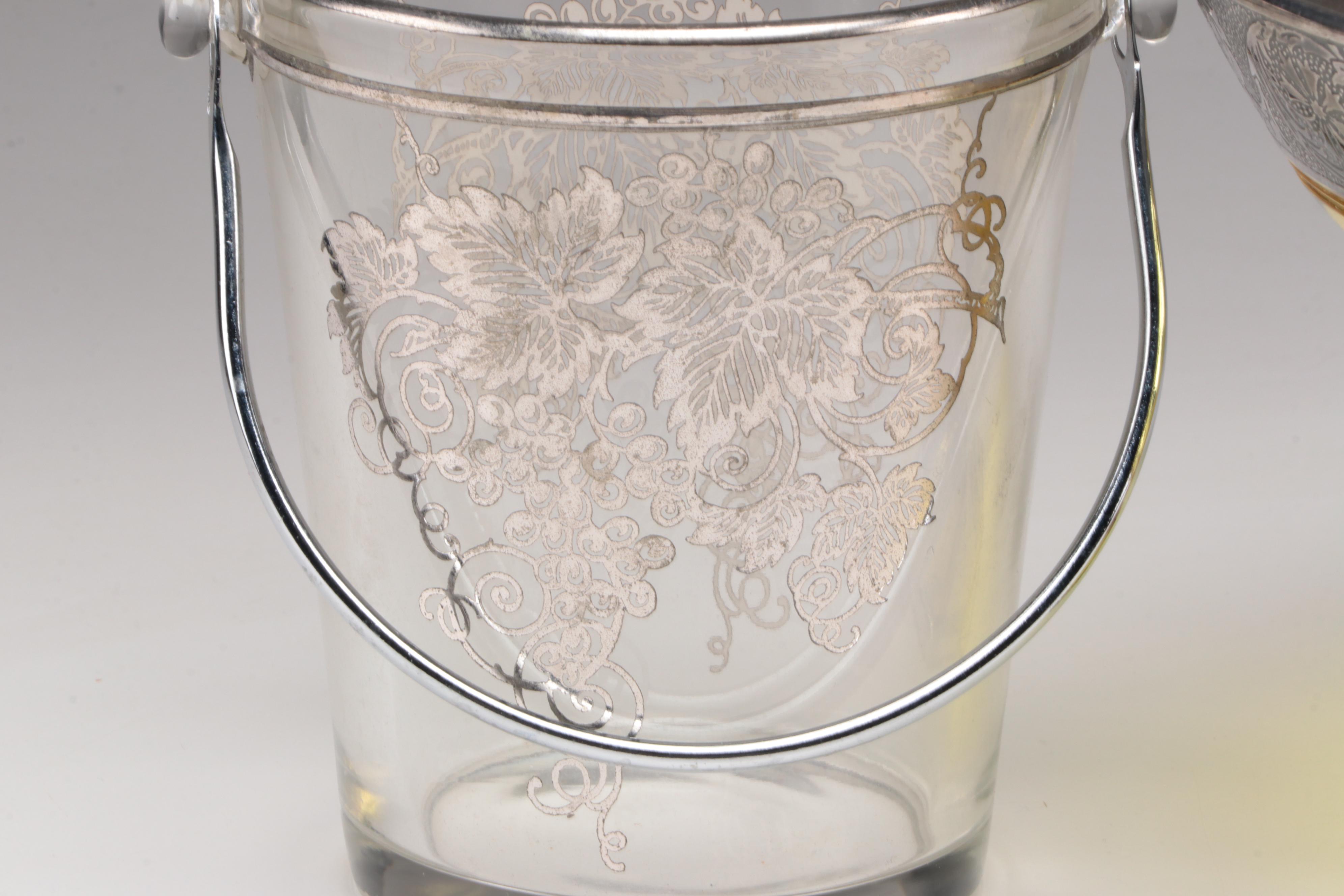 Mosser "Thistle" Pitcher with Other Art Deco Silver Accented Tableware