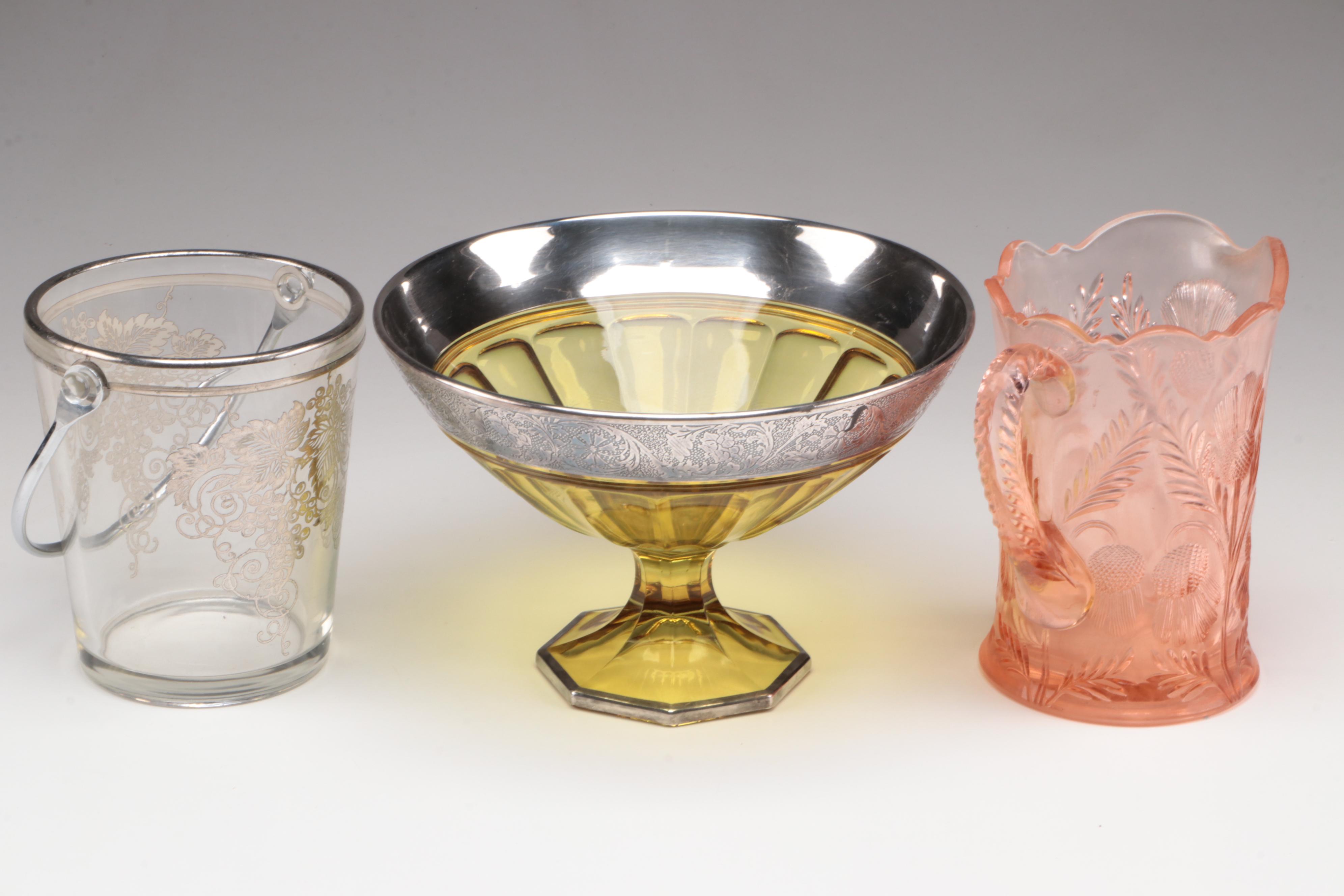 Mosser "Thistle" Pitcher with Other Art Deco Silver Accented Tableware