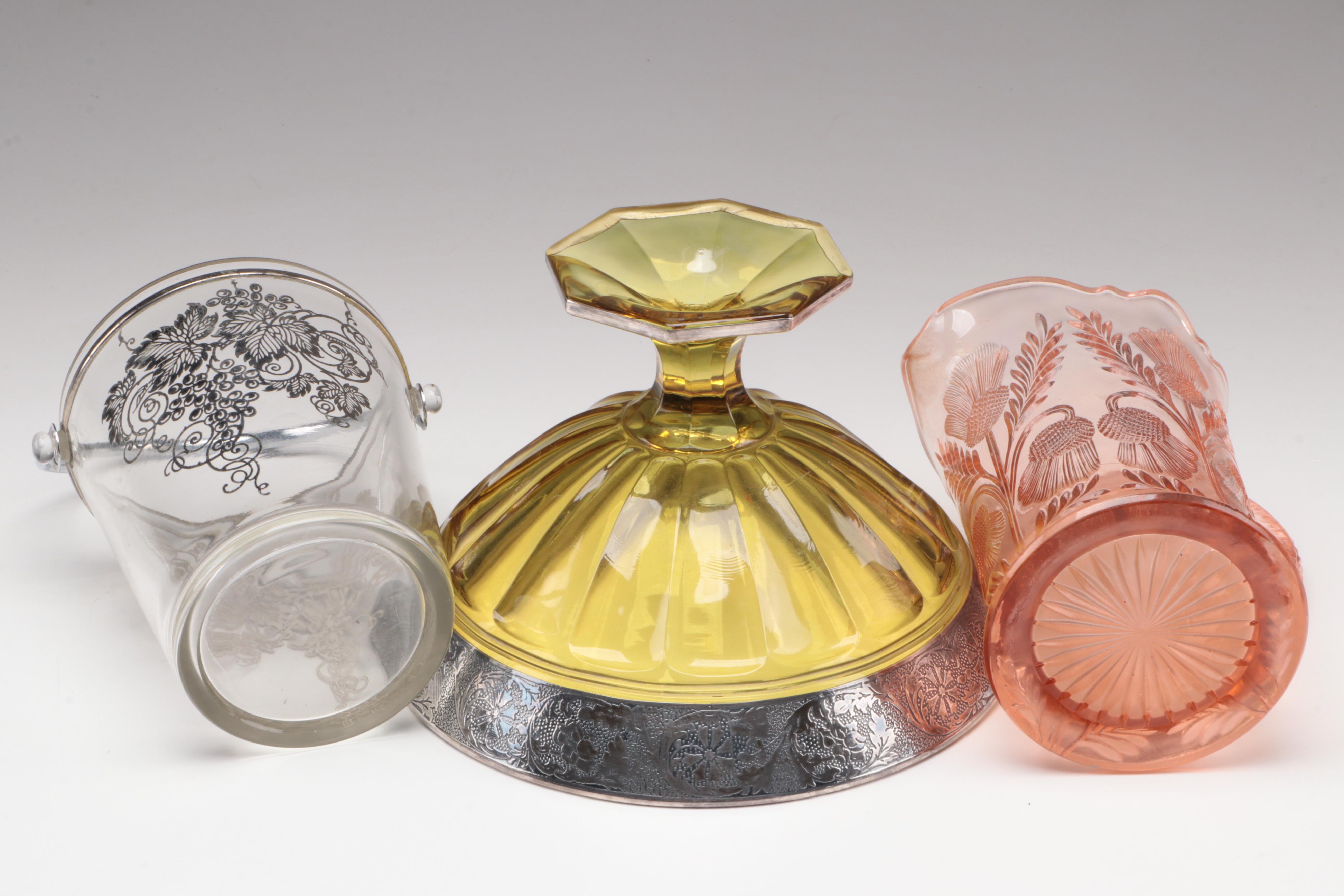 Mosser "Thistle" Pitcher with Other Art Deco Silver Accented Tableware