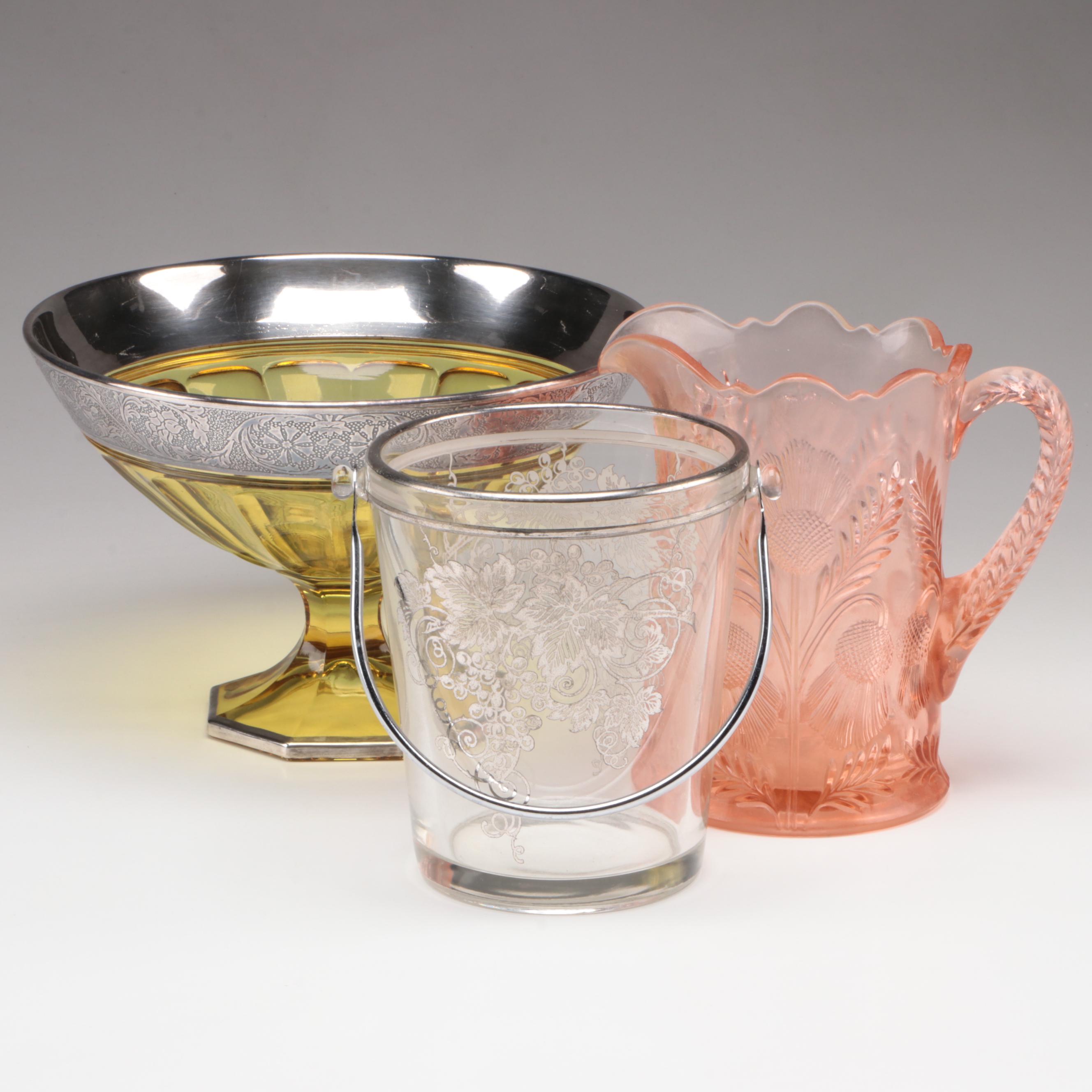 Mosser "Thistle" Pitcher with Other Art Deco Silver Accented Tableware